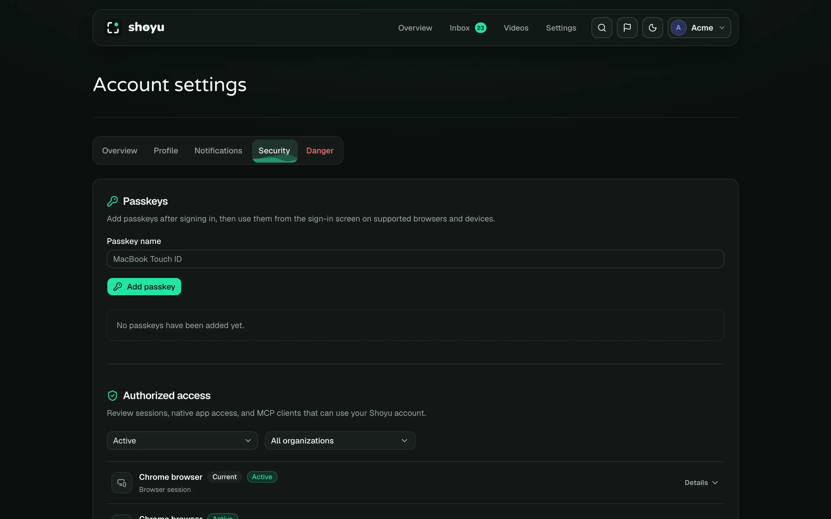 Account settings, Security tab, listing authorized sessions and apps.