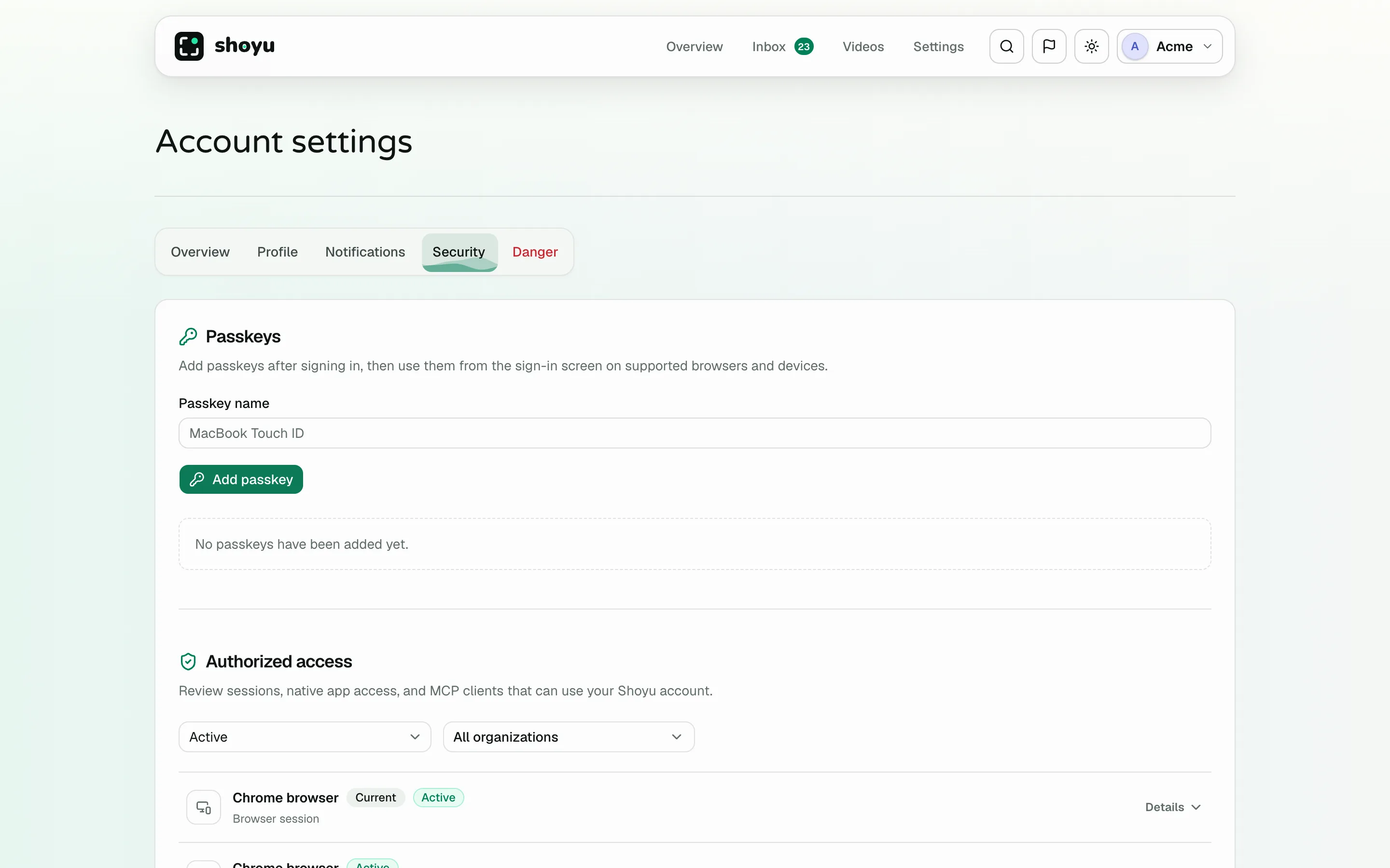Account settings, Security tab, listing authorized sessions and apps.
