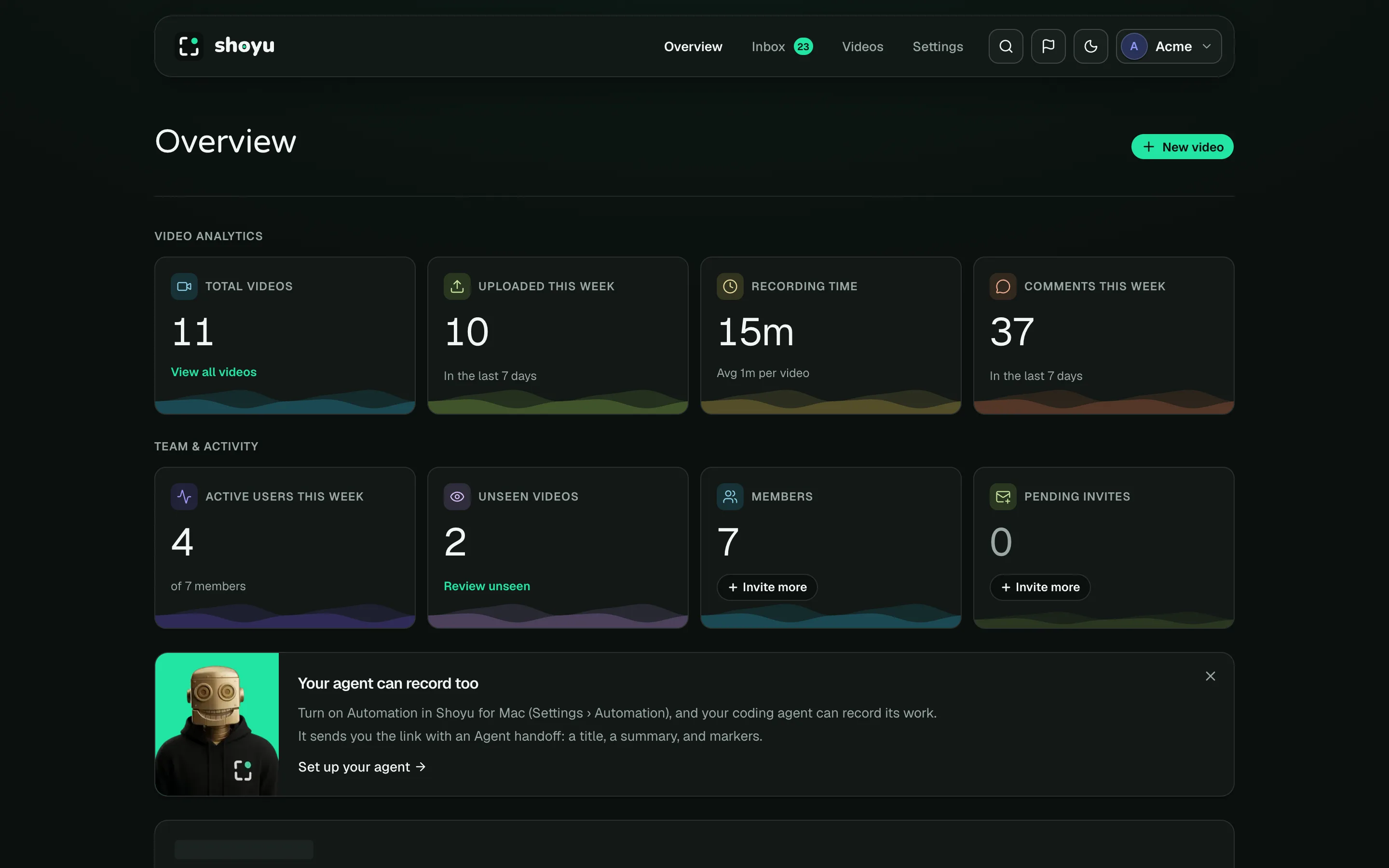 The dashboard Overview with video analytics, team cards and the activity feed.