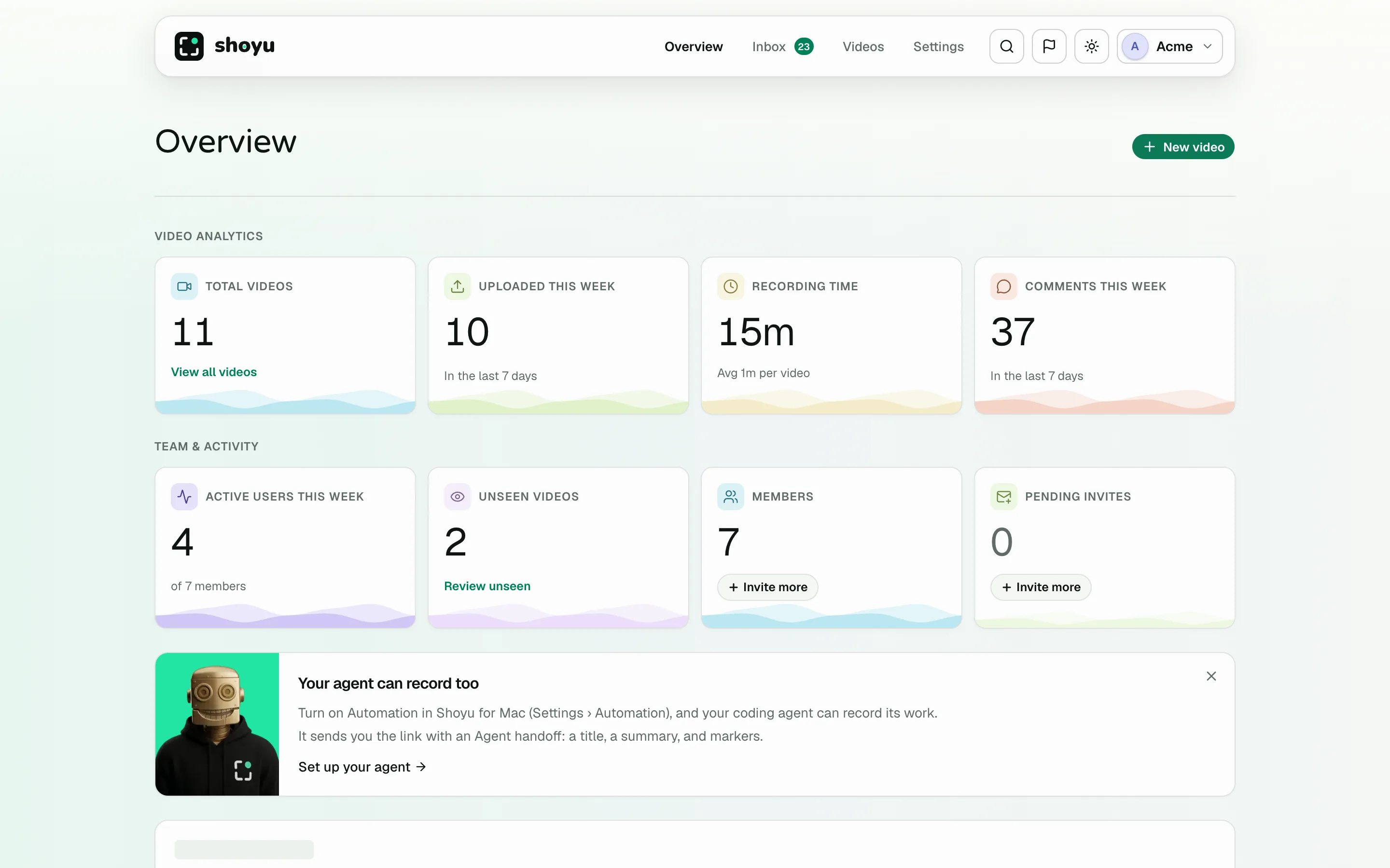 The dashboard Overview with video analytics, team cards and the activity feed.