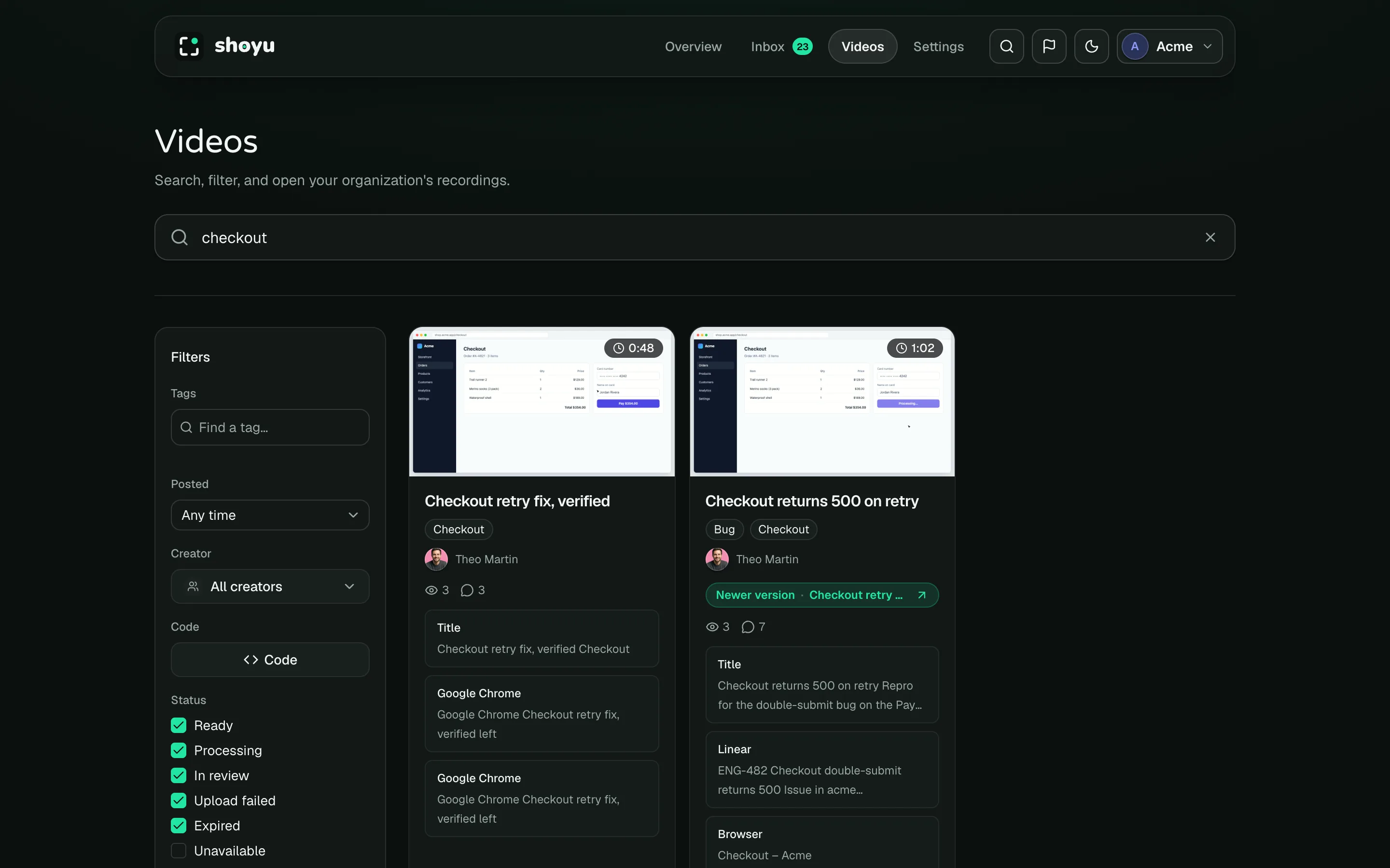 Videos search results for “checkout”, each card listing the moments that matched.