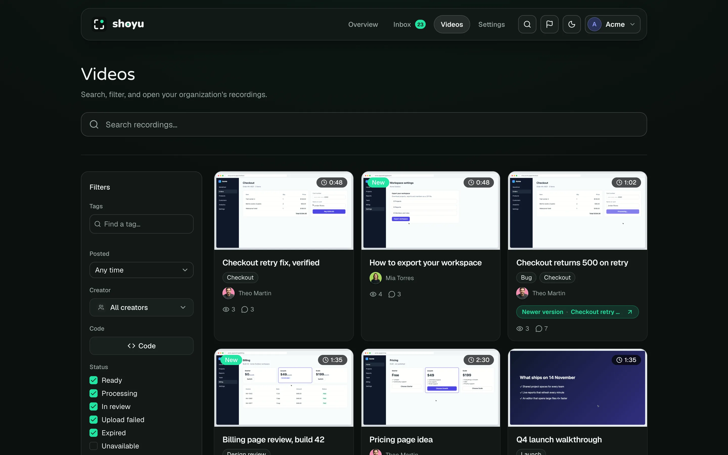 The Videos page with search, filters and a grid of recordings.