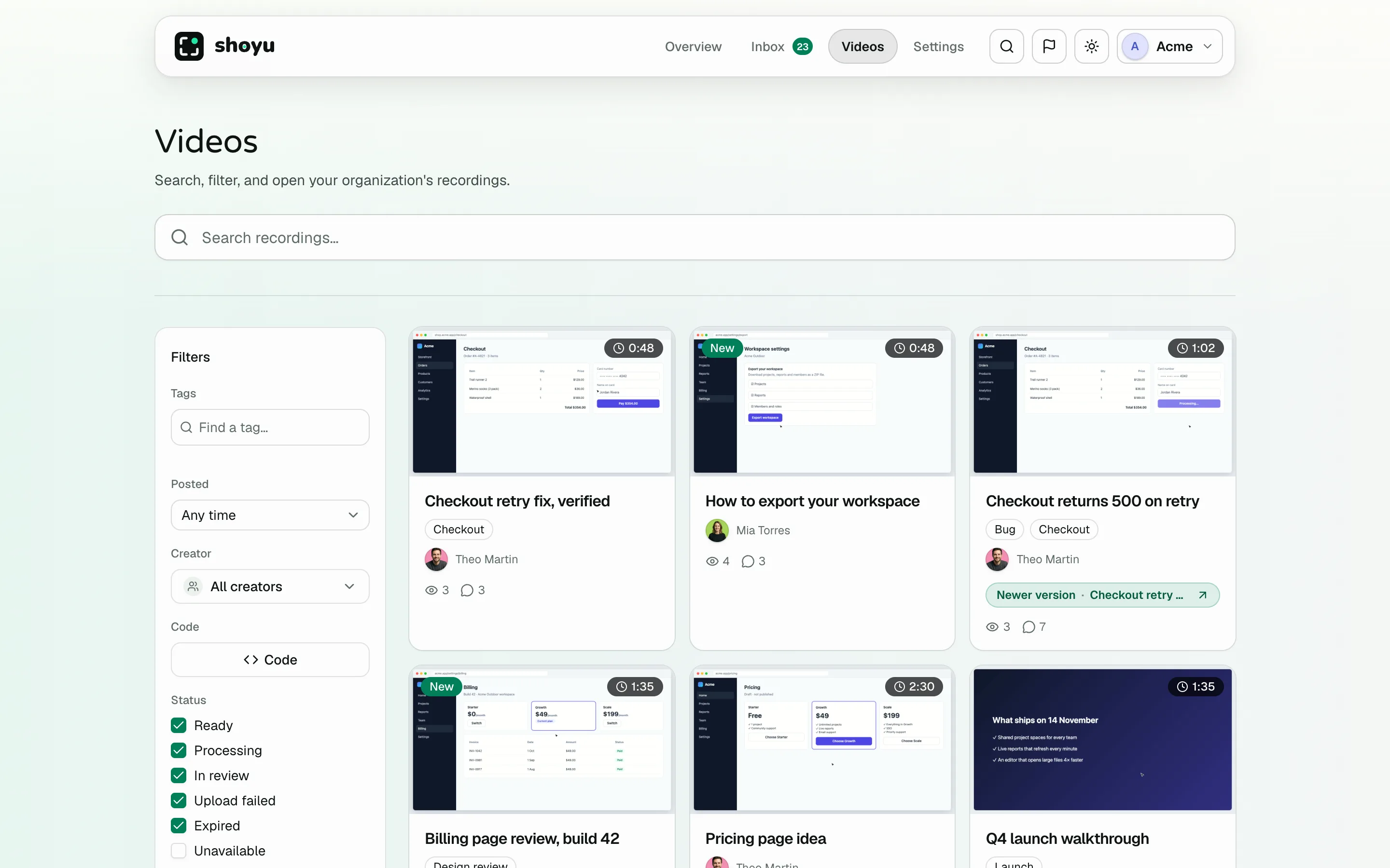 The Videos page with search, filters and a grid of recordings.