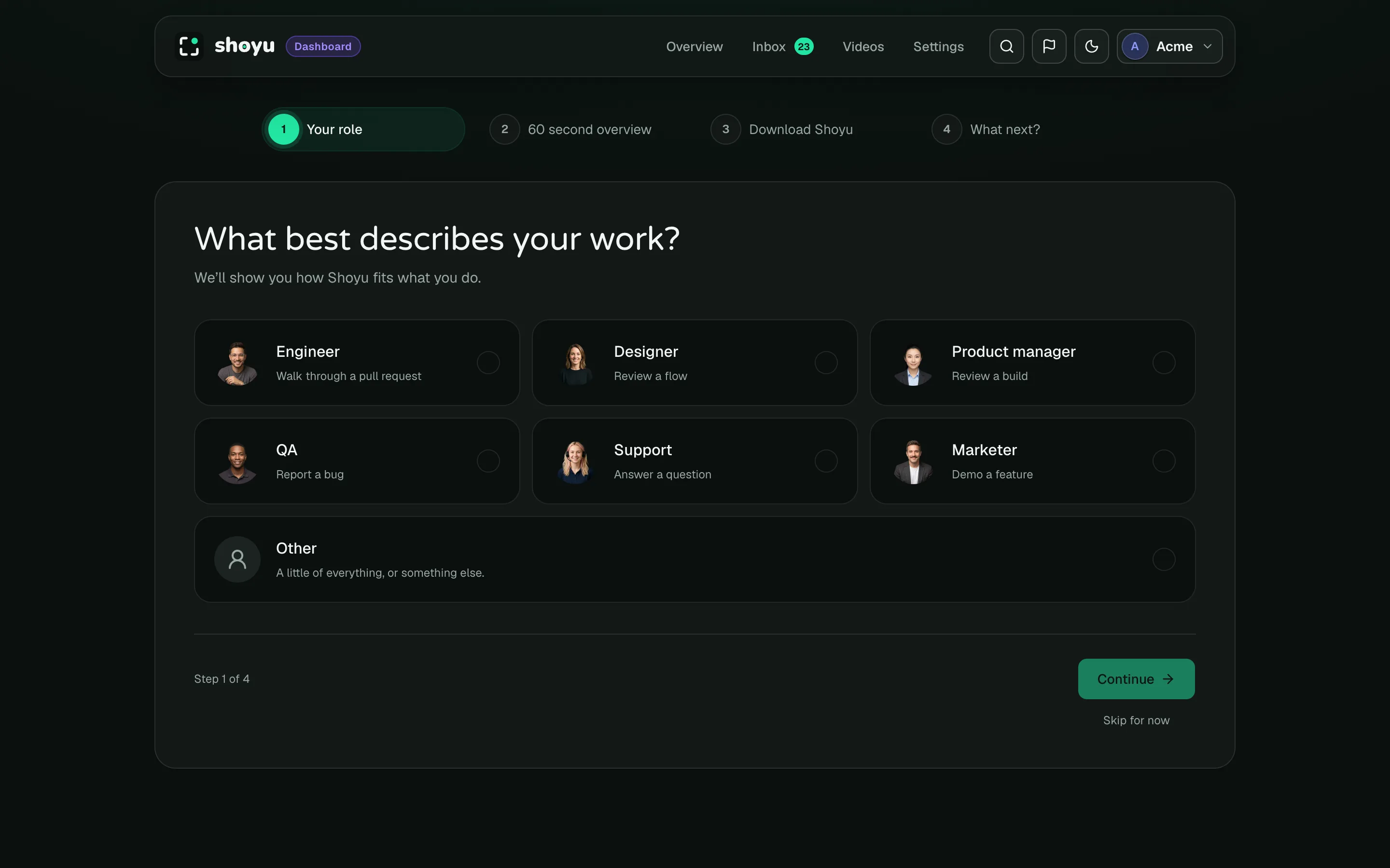 The Getting started tour asking what best describes your work.