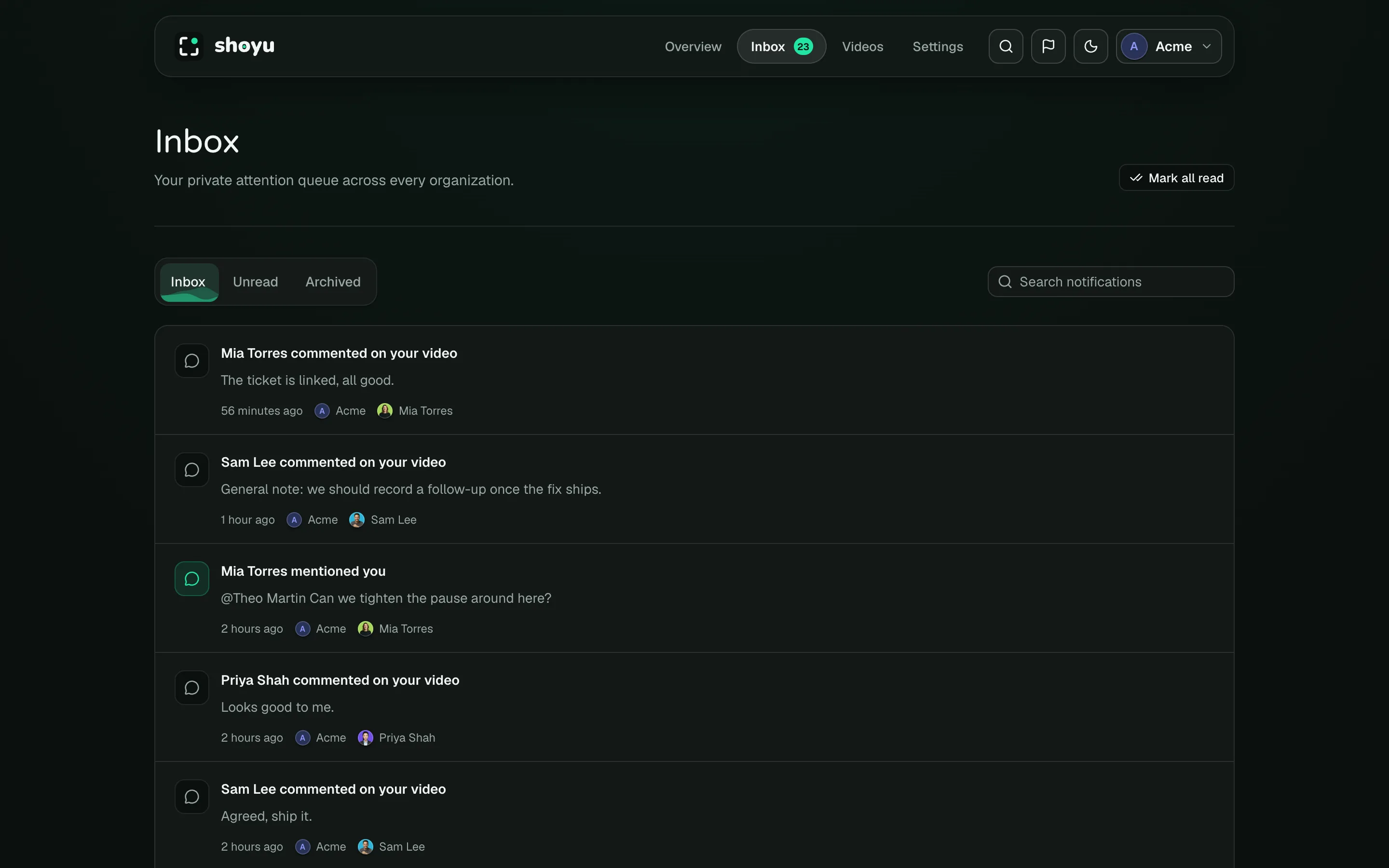 The Inbox with comment and mention notifications.