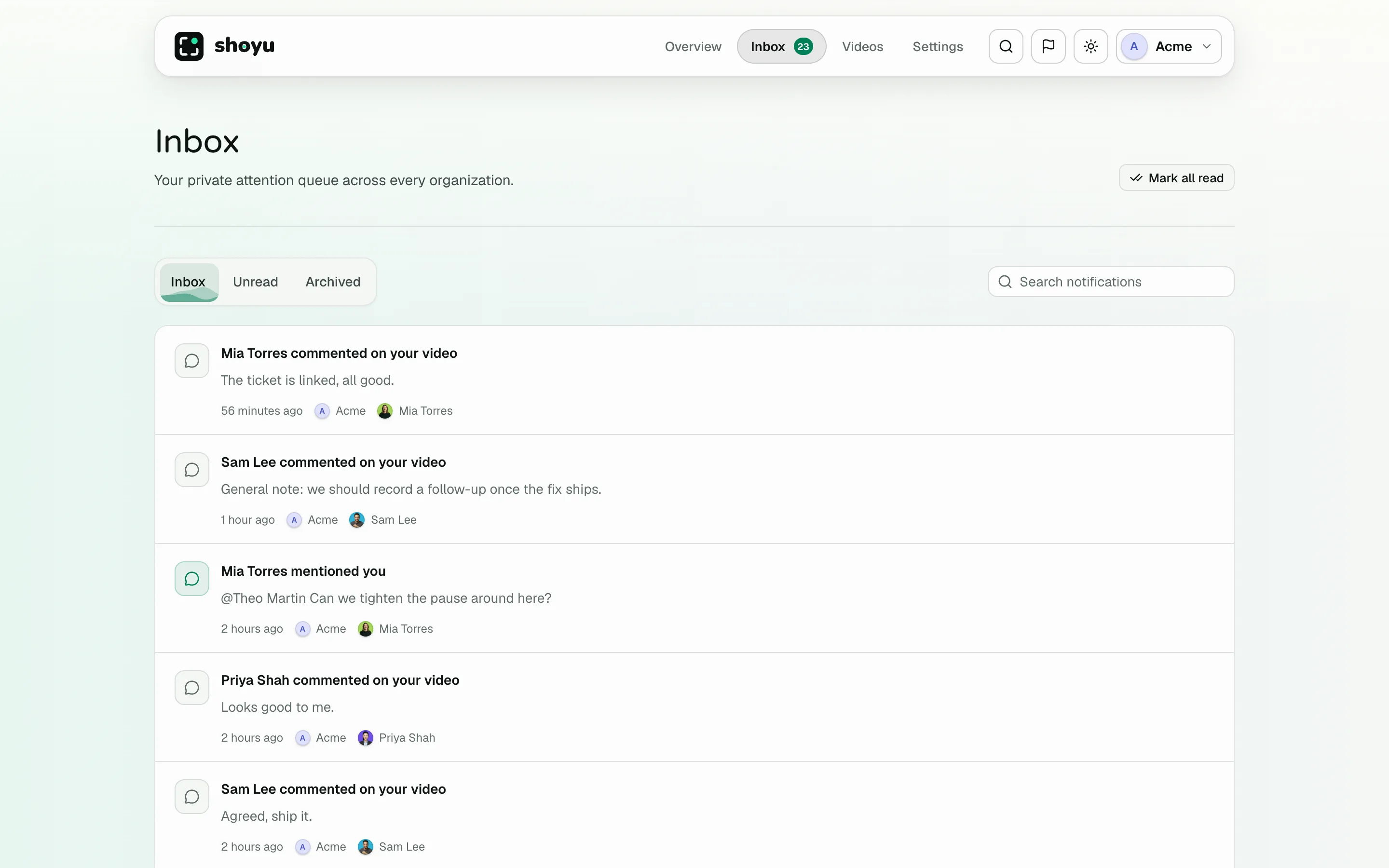 The Inbox with comment and mention notifications.