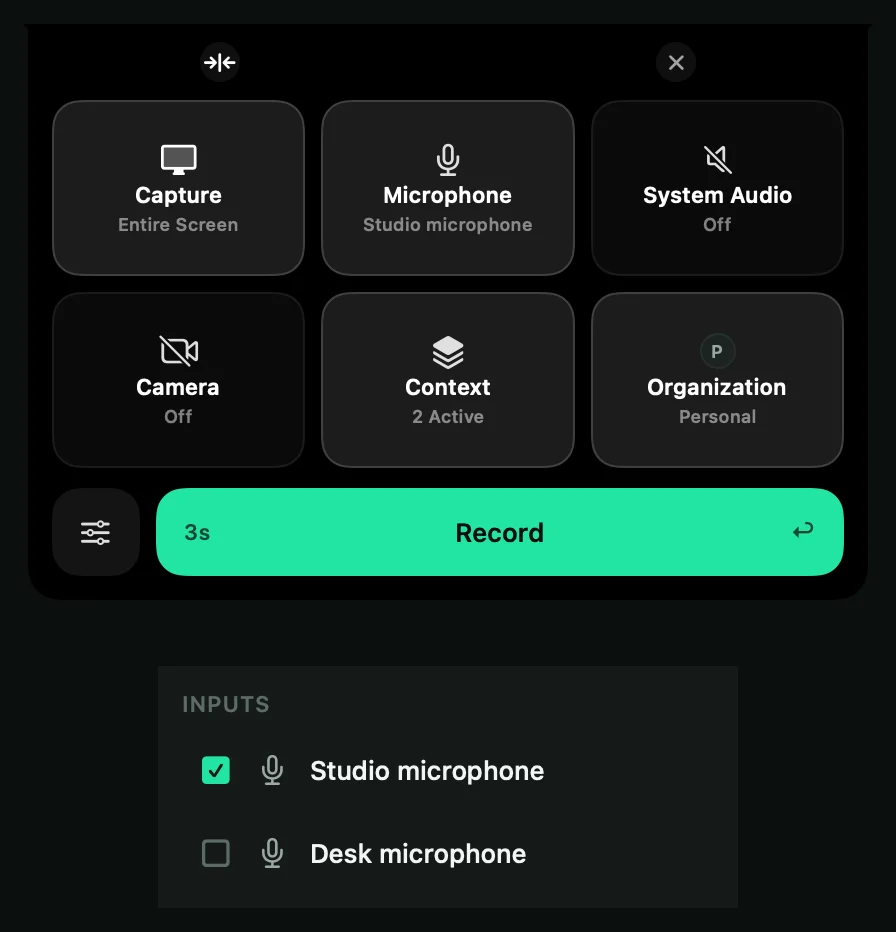 The Control Deck’s Inputs menu listing several microphones to choose from.