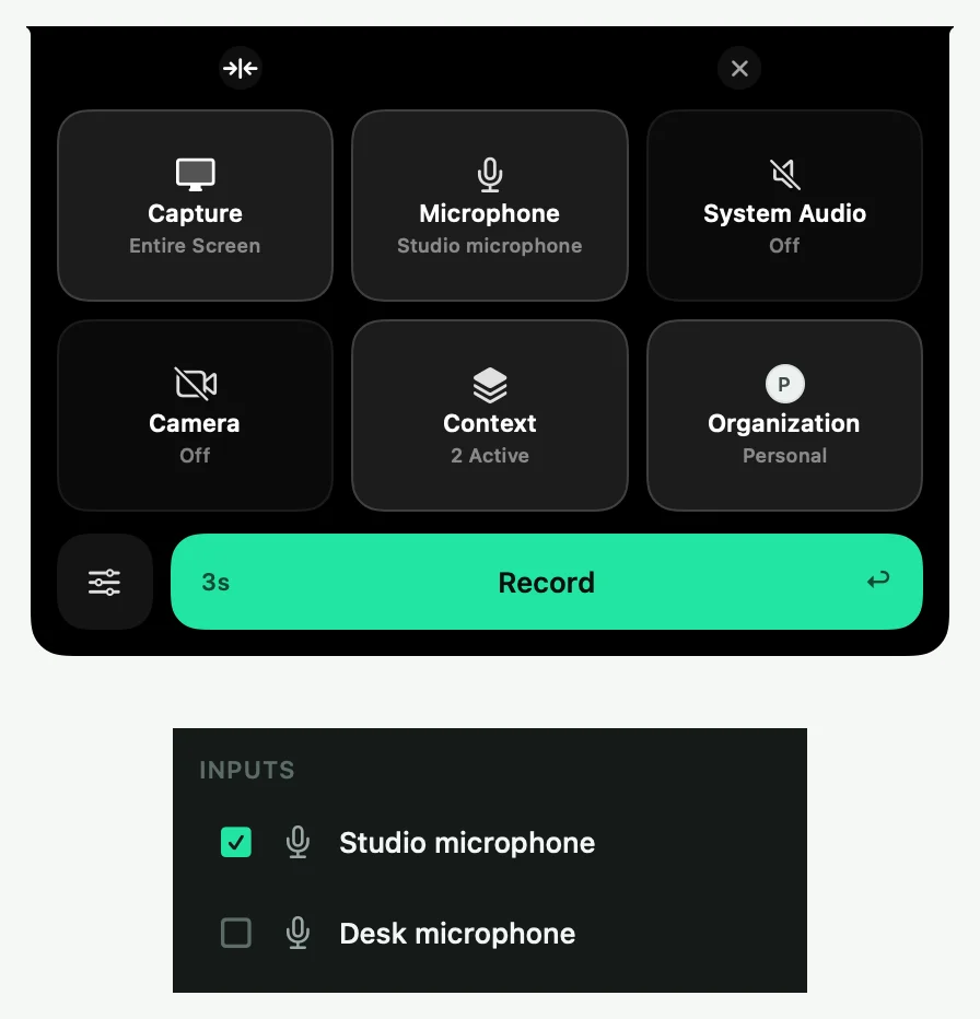 The Control Deck’s Inputs menu listing several microphones to choose from.