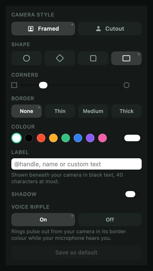 The Camera style panel with Framed and Cutout, Shape, Corners, Border, Colour and Label controls.