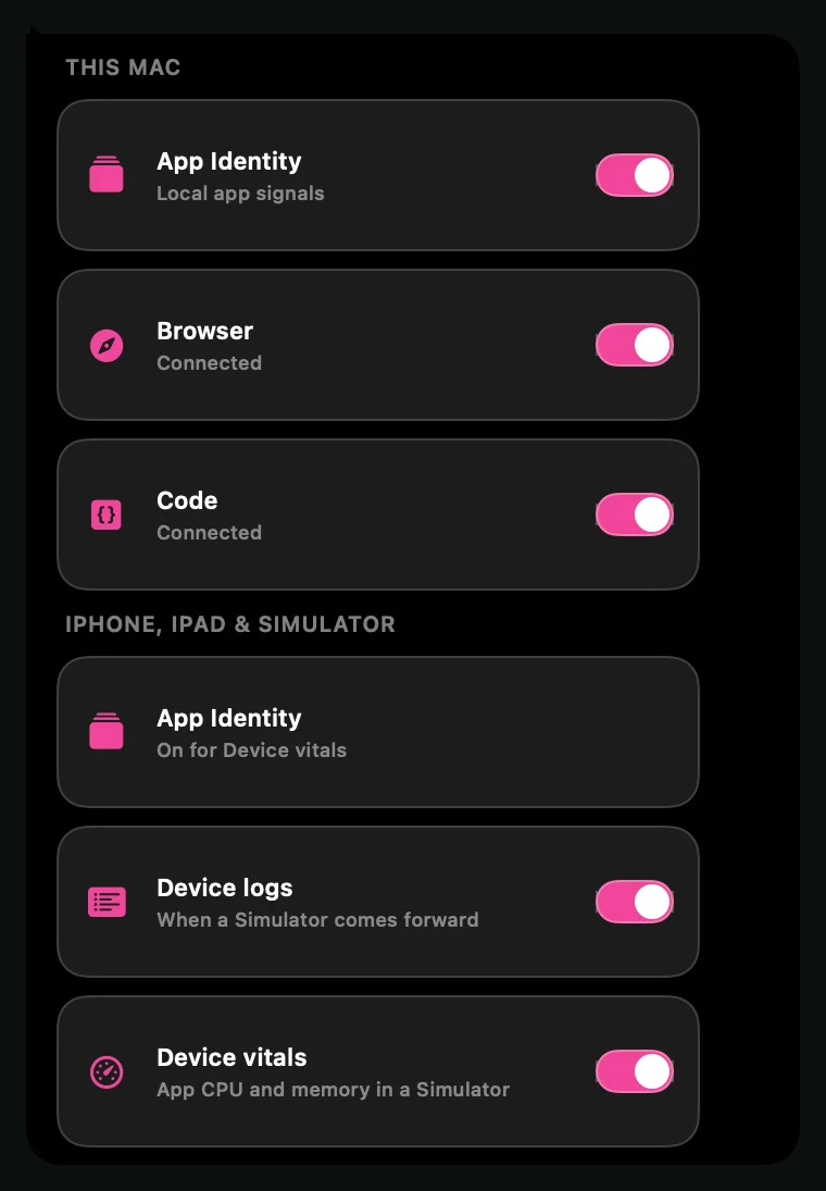 The Context panel listing App Identity, Browser and Code with their connection states.