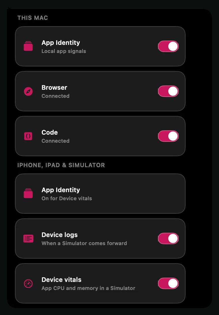 The Context panel listing App Identity, Browser and Code with their connection states.