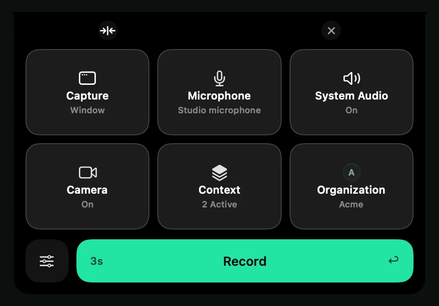 The Control Deck with Window chosen under Capture, and the microphone, System Audio and camera turned on.
