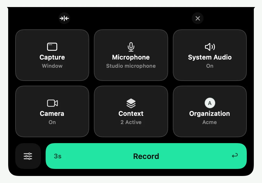 The Control Deck with Window chosen under Capture, and the microphone, System Audio and camera turned on.