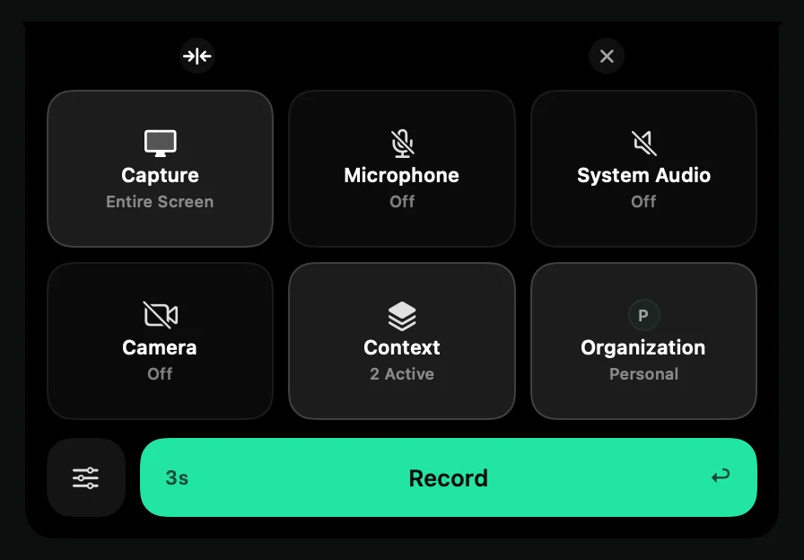 The Control Deck open below the menu bar, with Capture, Microphone, System Audio, Camera, Context and Organization tiles and the Record button.