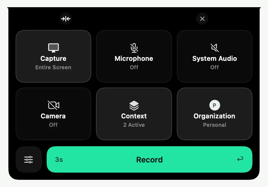 The Control Deck open below the menu bar, with Capture, Microphone, System Audio, Camera, Context and Organization tiles and the Record button.
