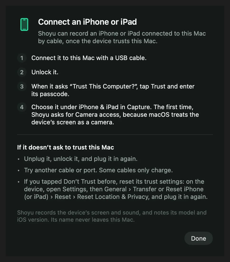 The Connect an iPhone or iPad help window with the steps to trust the Mac.