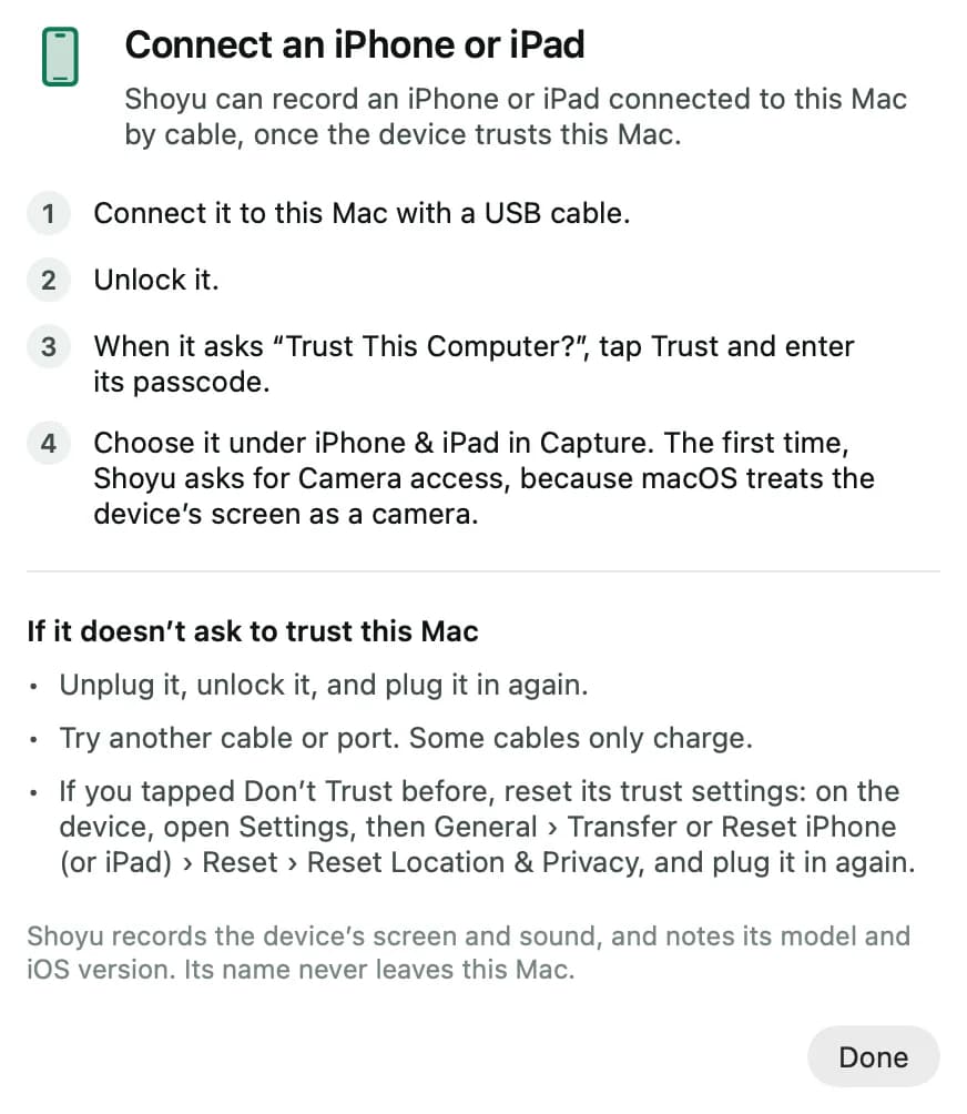 The Connect an iPhone or iPad help window with the steps to trust the Mac.