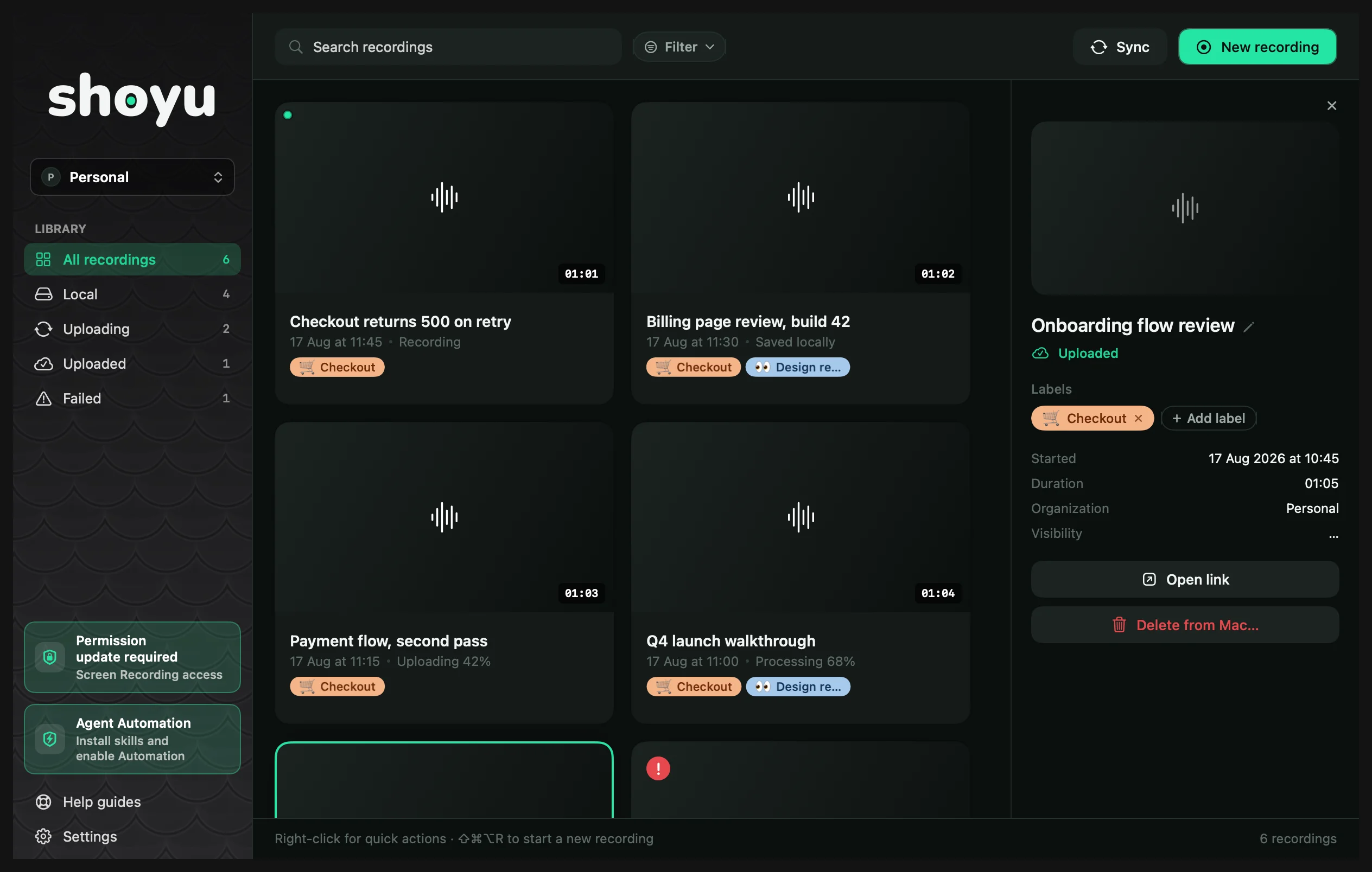 The Shoyu Library window with the sidebar sections, a list of recordings and a selected recording’s details.