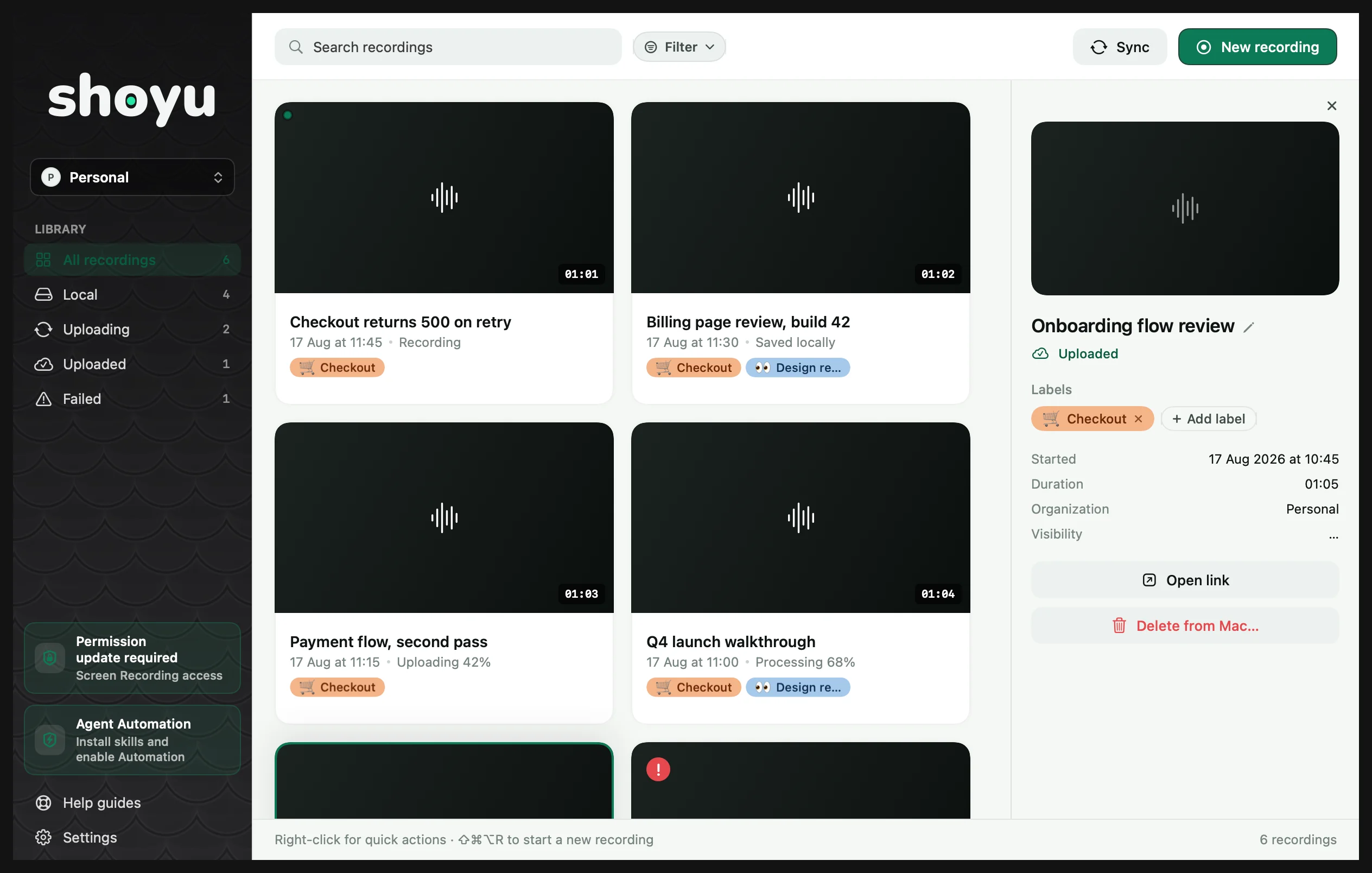The Shoyu Library window with the sidebar sections, a list of recordings and a selected recording’s details.