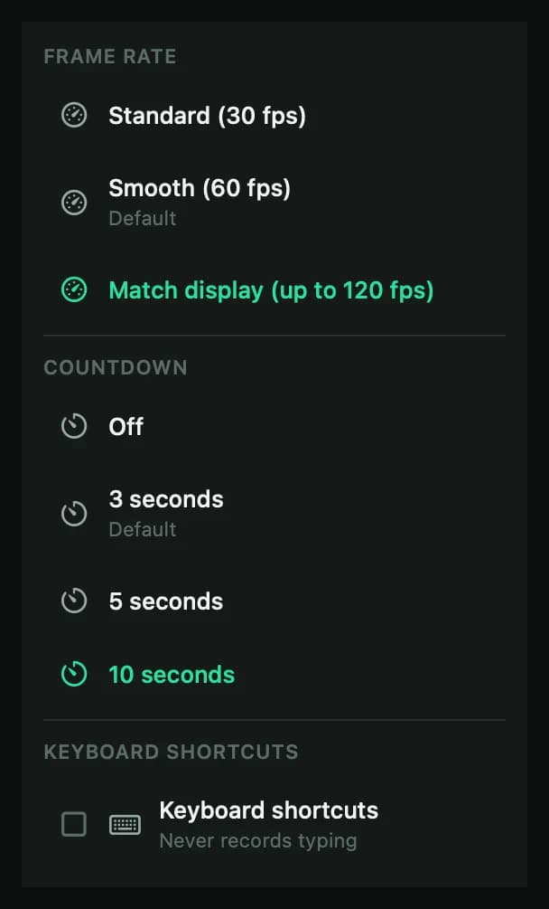 The Recording options panel with Frame rate, Countdown and the Keyboard shortcuts switch.