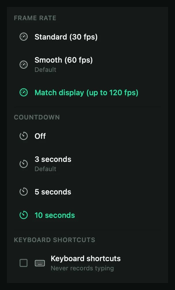 The Recording options panel with Frame rate, Countdown and the Keyboard shortcuts switch.