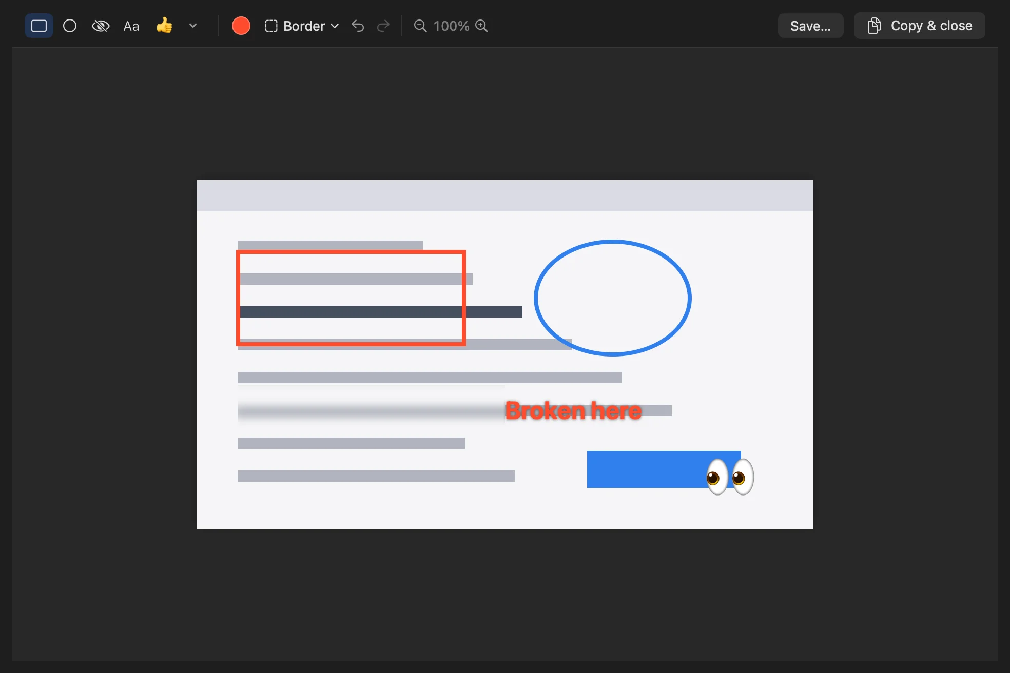 The Screenshot editor with box, circle, blur, text and emoji tools over a screenshot.