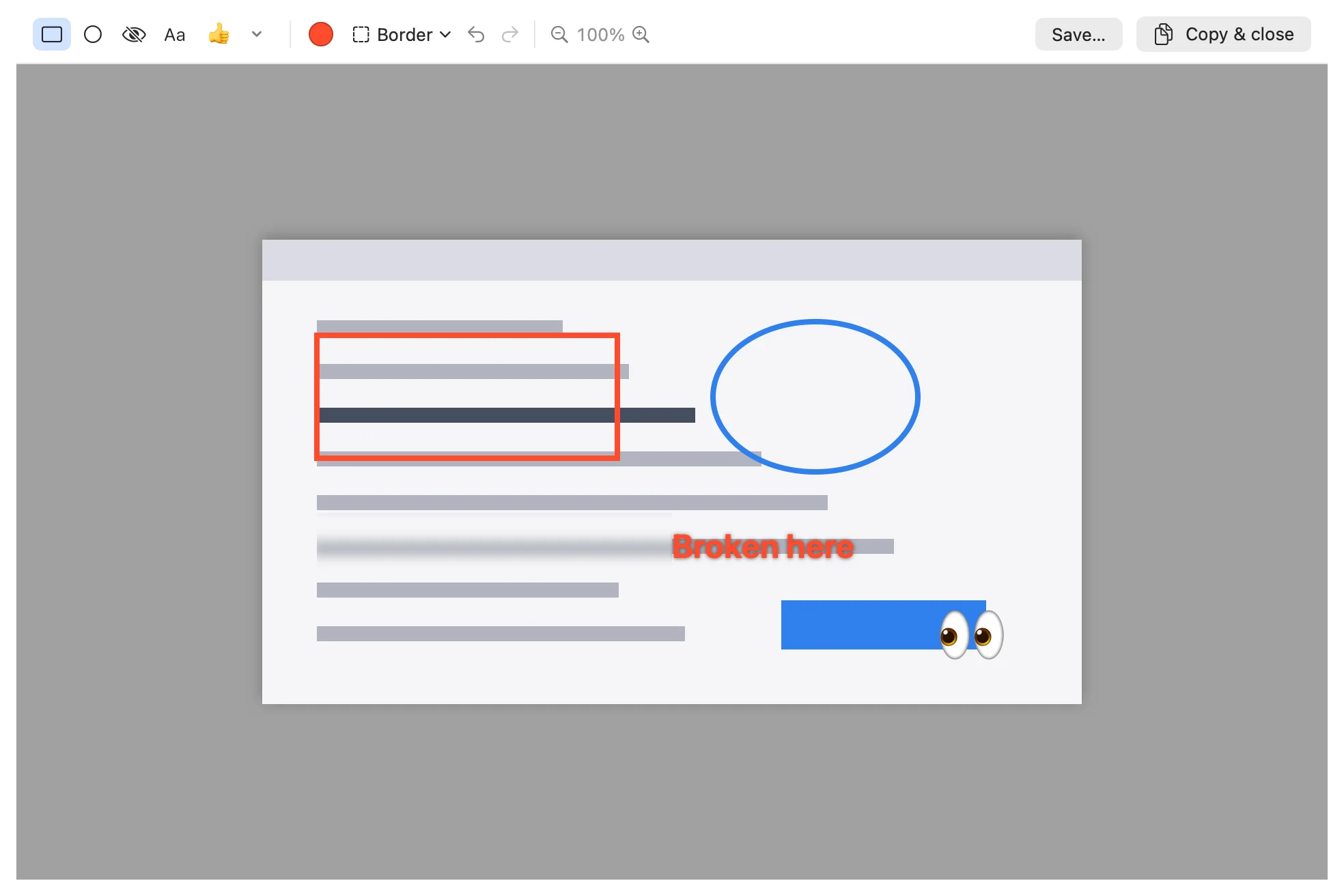 The Screenshot editor with box, circle, blur, text and emoji tools over a screenshot.