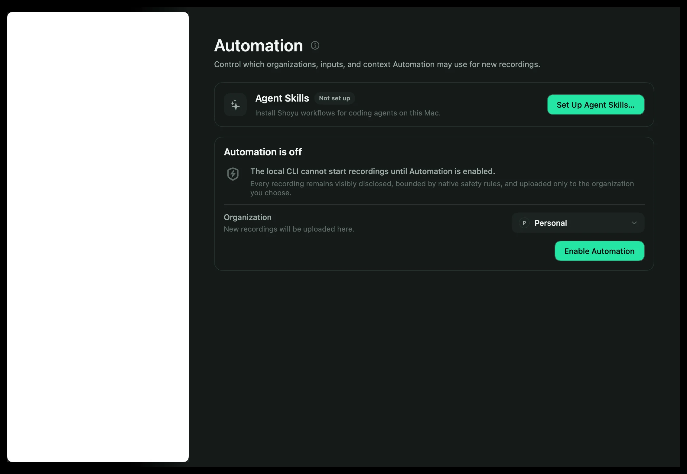 Settings › Automation with Automation turned off and an Enable Automation button.