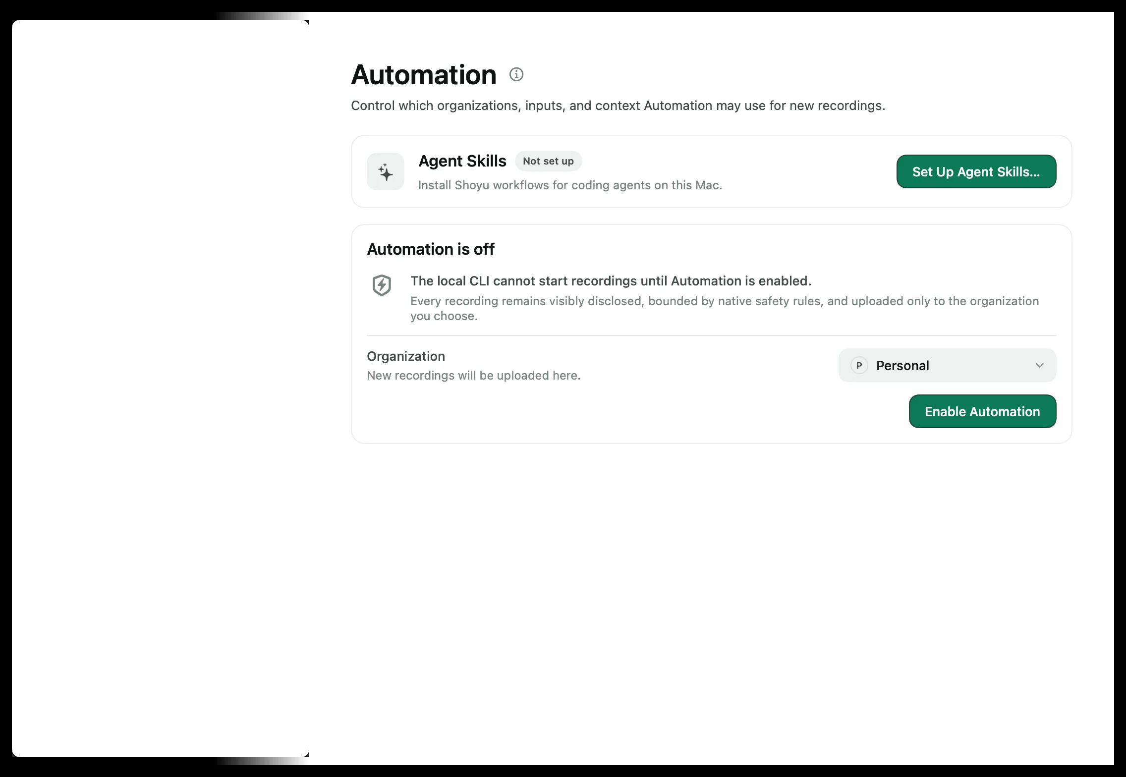 Settings › Automation with Automation turned off and an Enable Automation button.