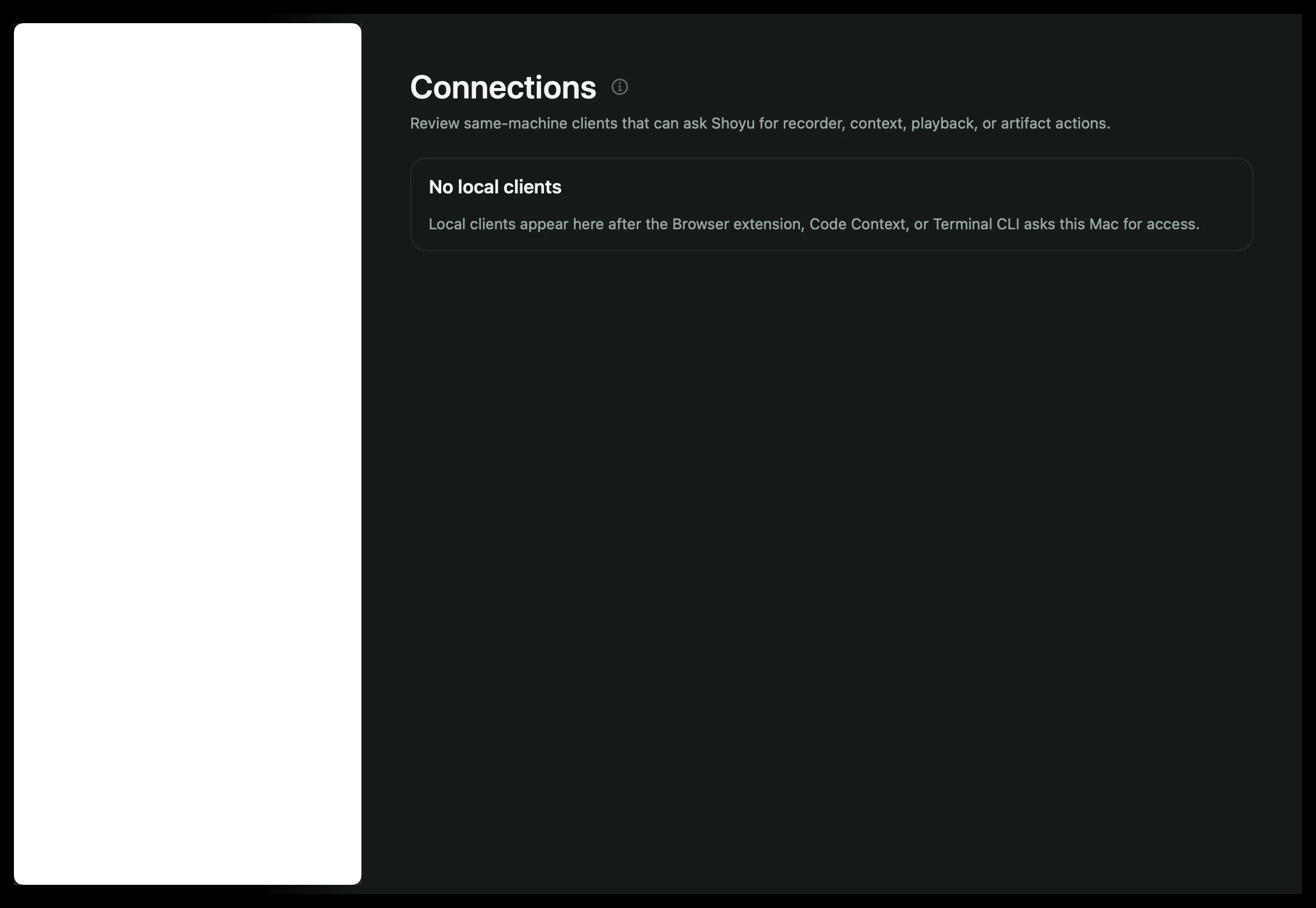 Settings › Connections listing local client approvals.