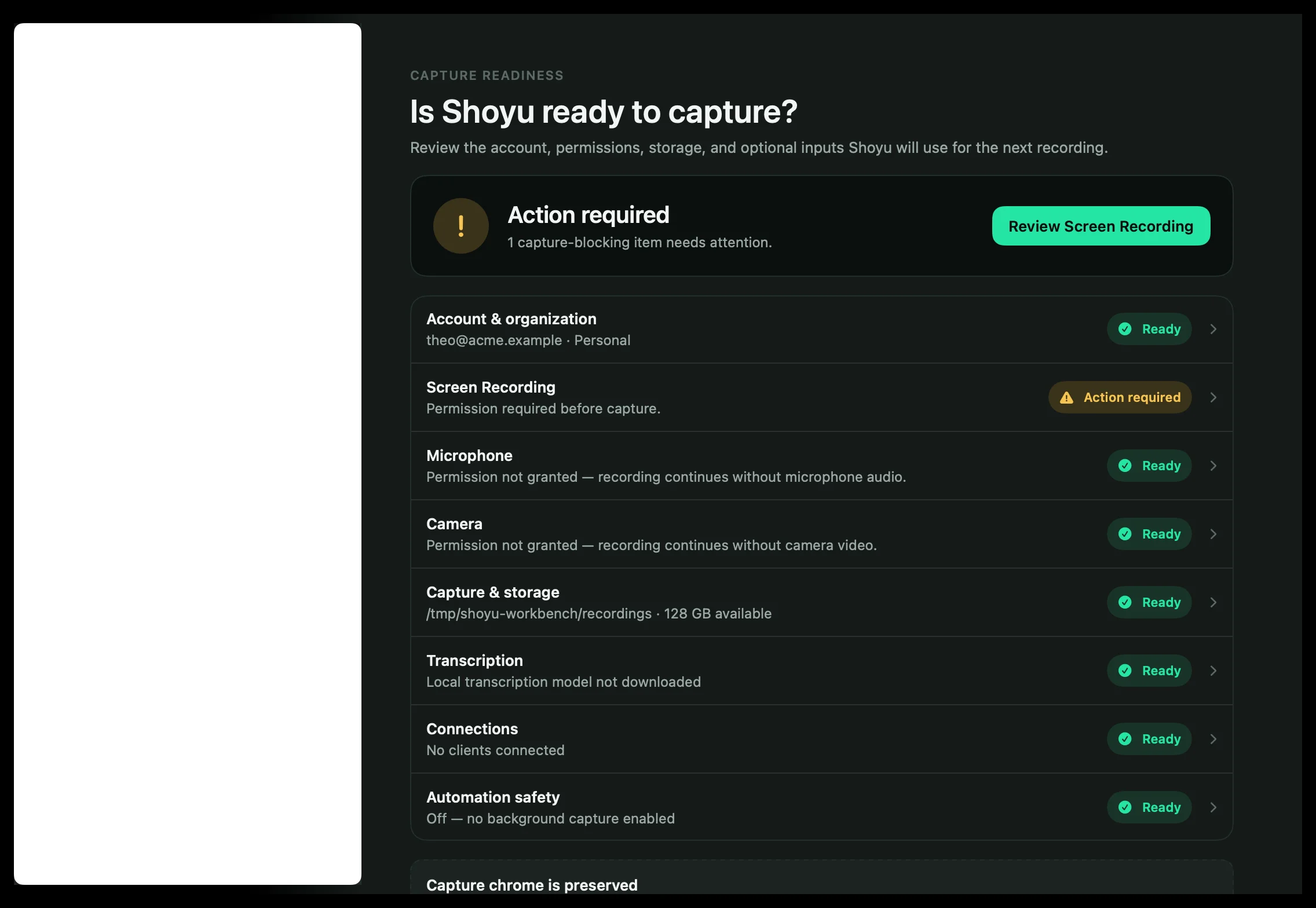 Settings › Overview showing whether Shoyu is ready to capture.