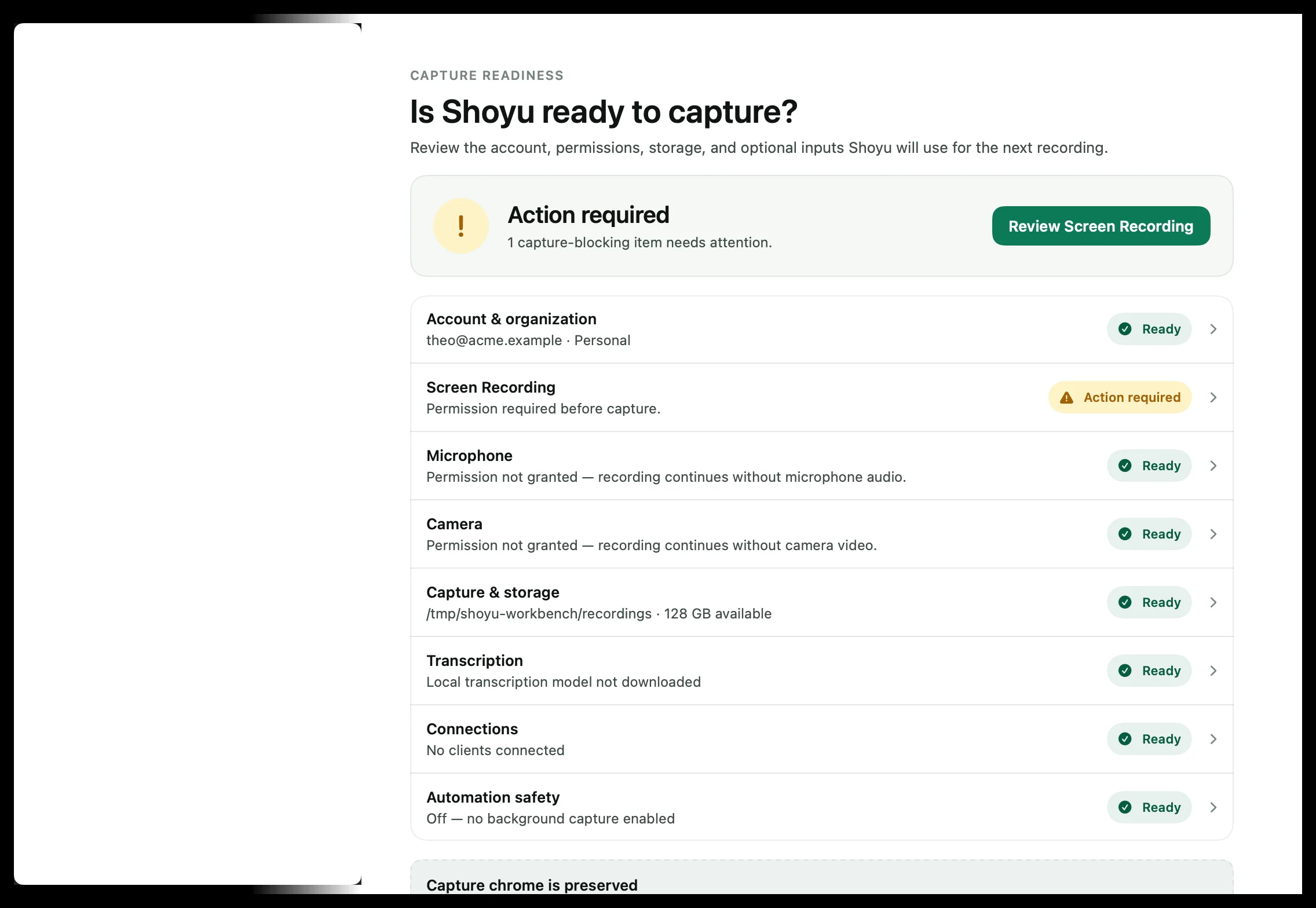 Settings › Overview showing whether Shoyu is ready to capture.