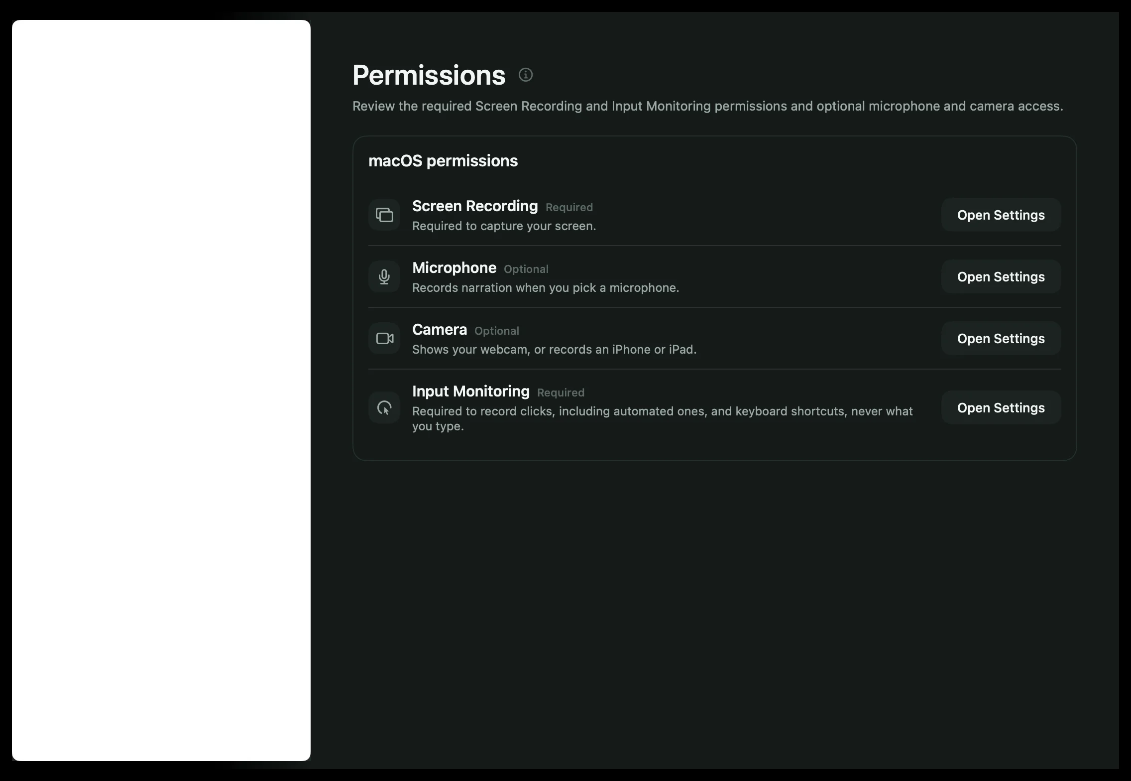 Settings › Permissions with the macOS permissions checklist.