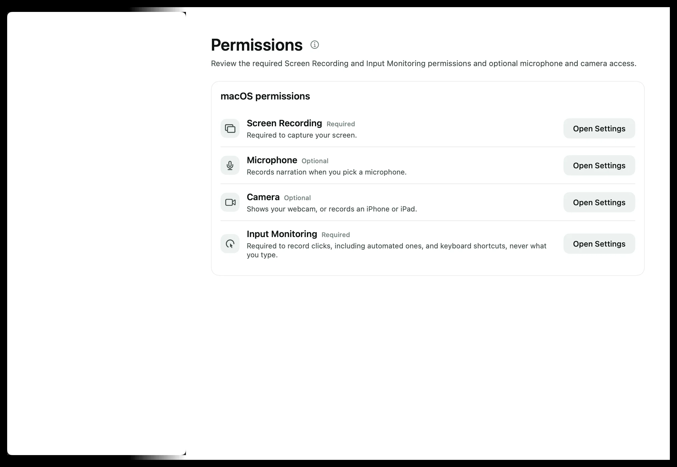 Settings › Permissions with the macOS permissions checklist.
