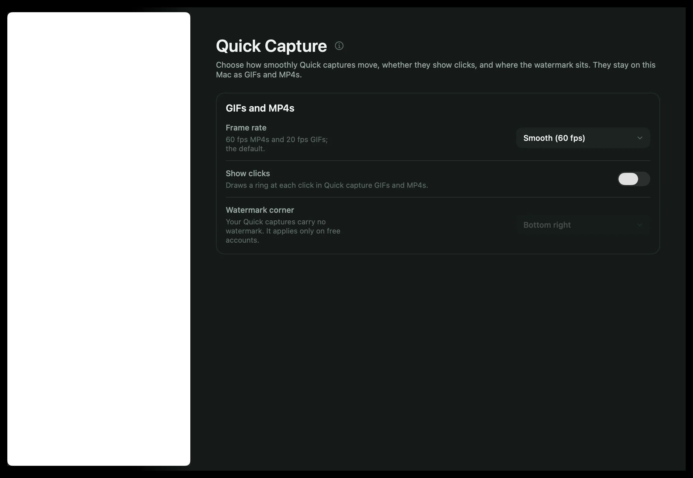 Settings › Quick Capture with frame rate, Show clicks and watermark corner.
