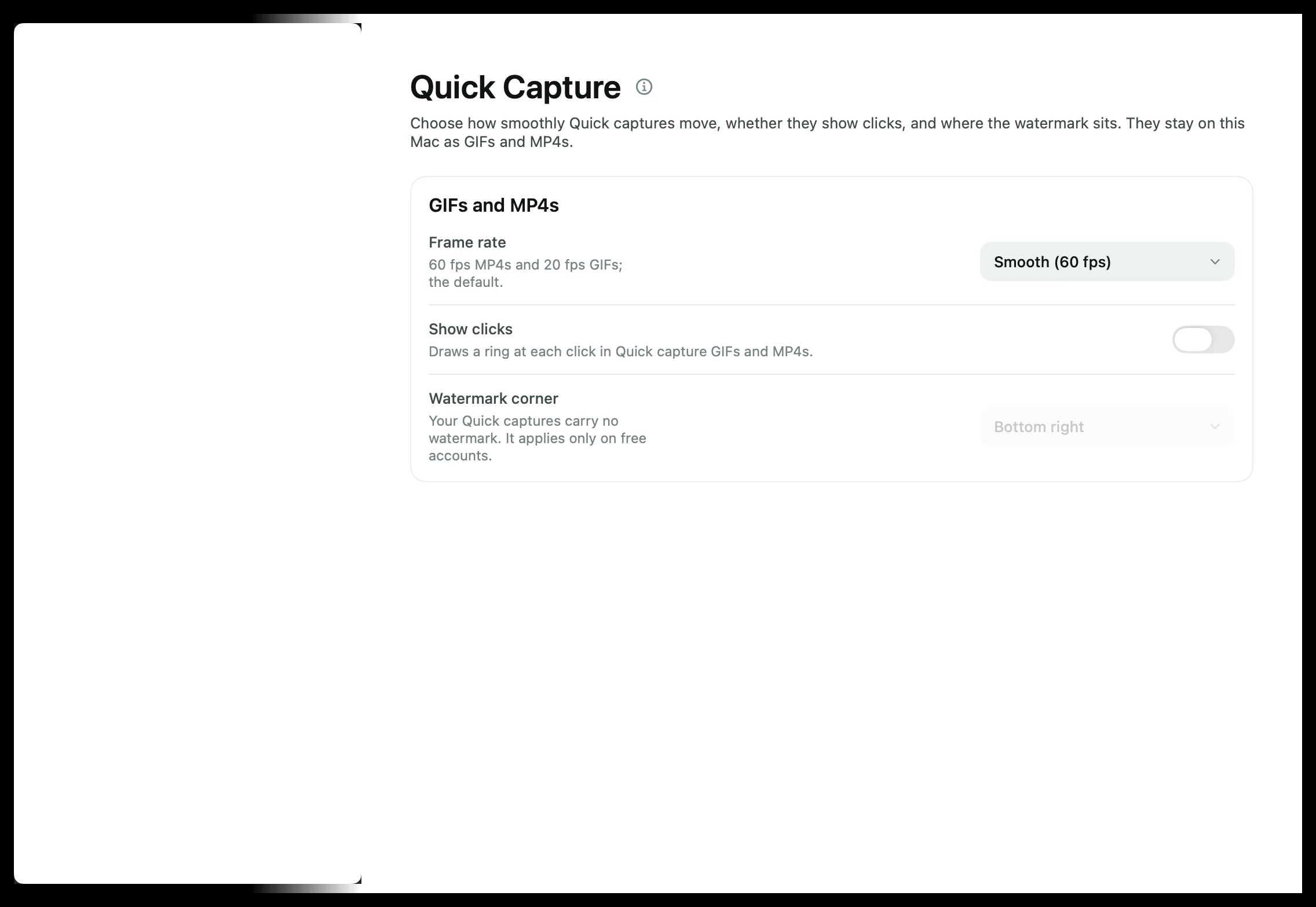 Settings › Quick Capture with frame rate, Show clicks and watermark corner.