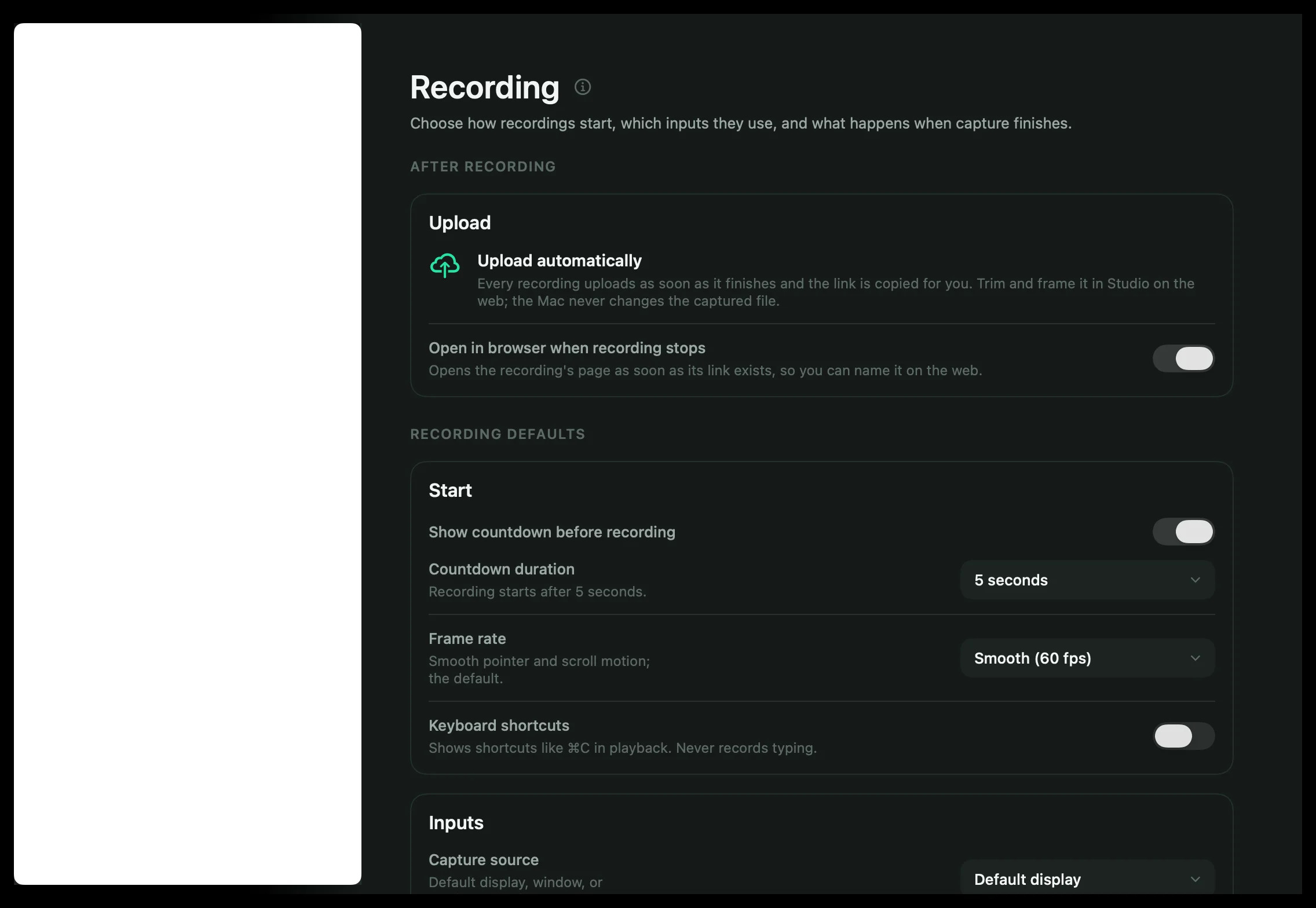 Settings › Recording with the upload, start, inputs and camera style cards.