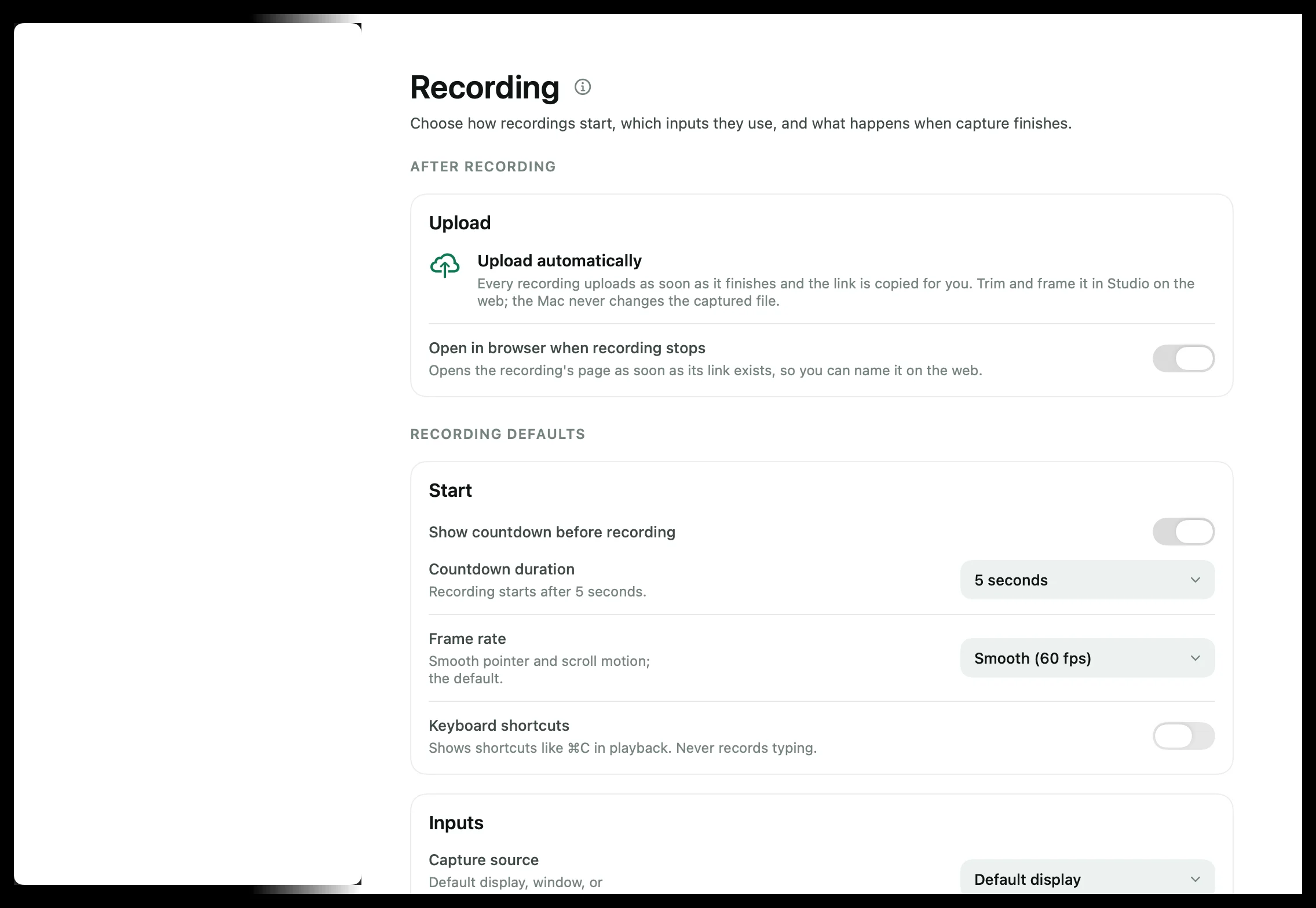 Settings › Recording with the upload, start, inputs and camera style cards.