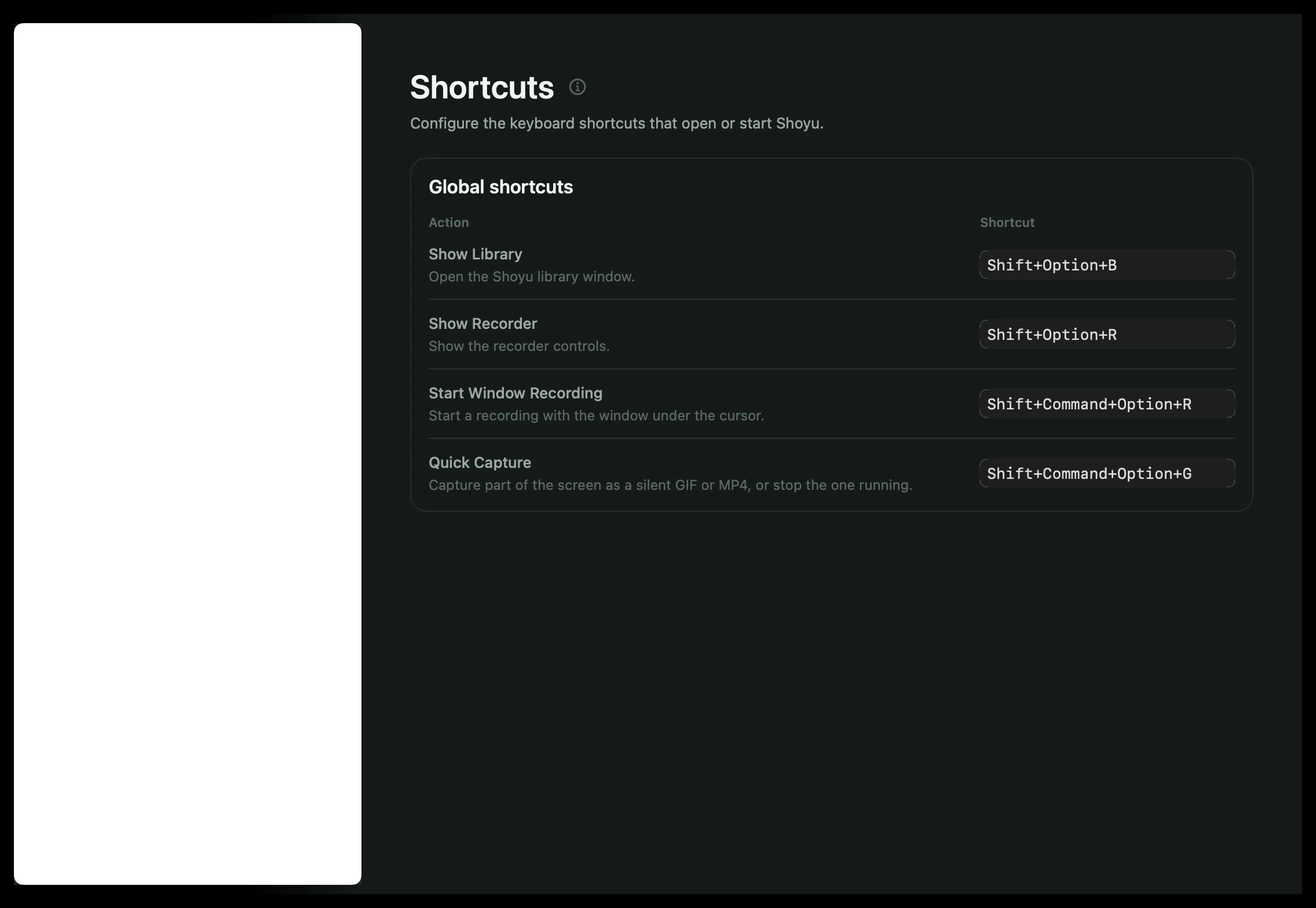 Settings › Shortcuts listing the four global shortcuts.