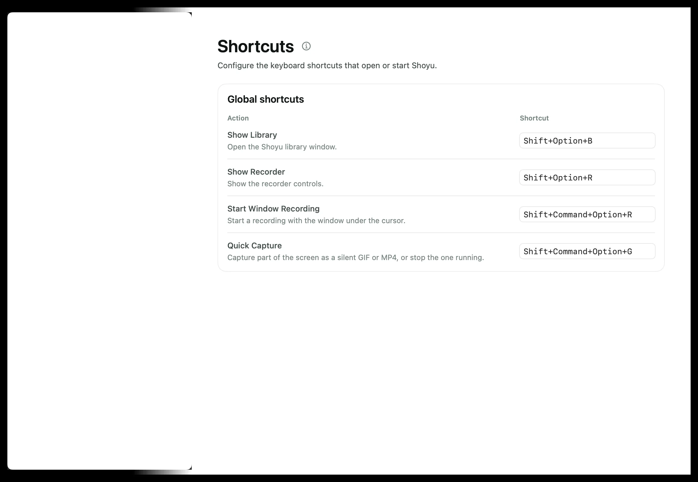 Settings › Shortcuts listing the four global shortcuts.
