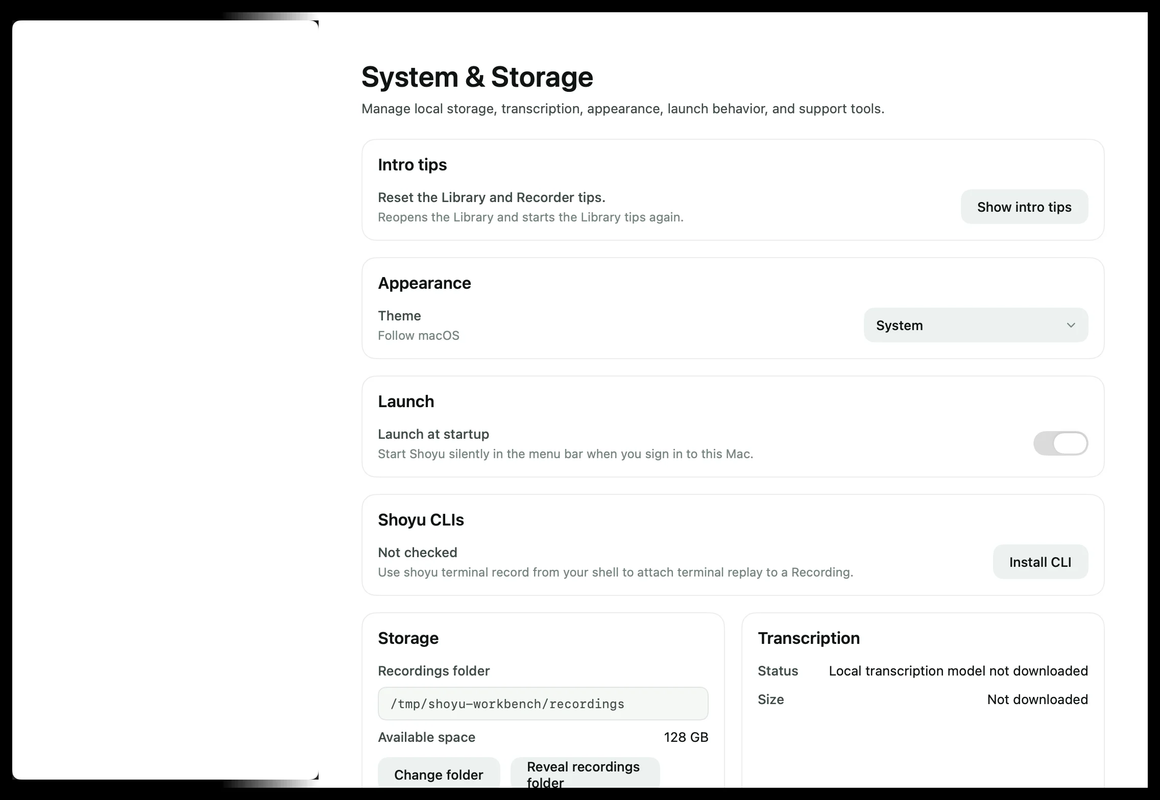 Settings › System & Storage with appearance, launch, CLI, storage, transcription and diagnostics.