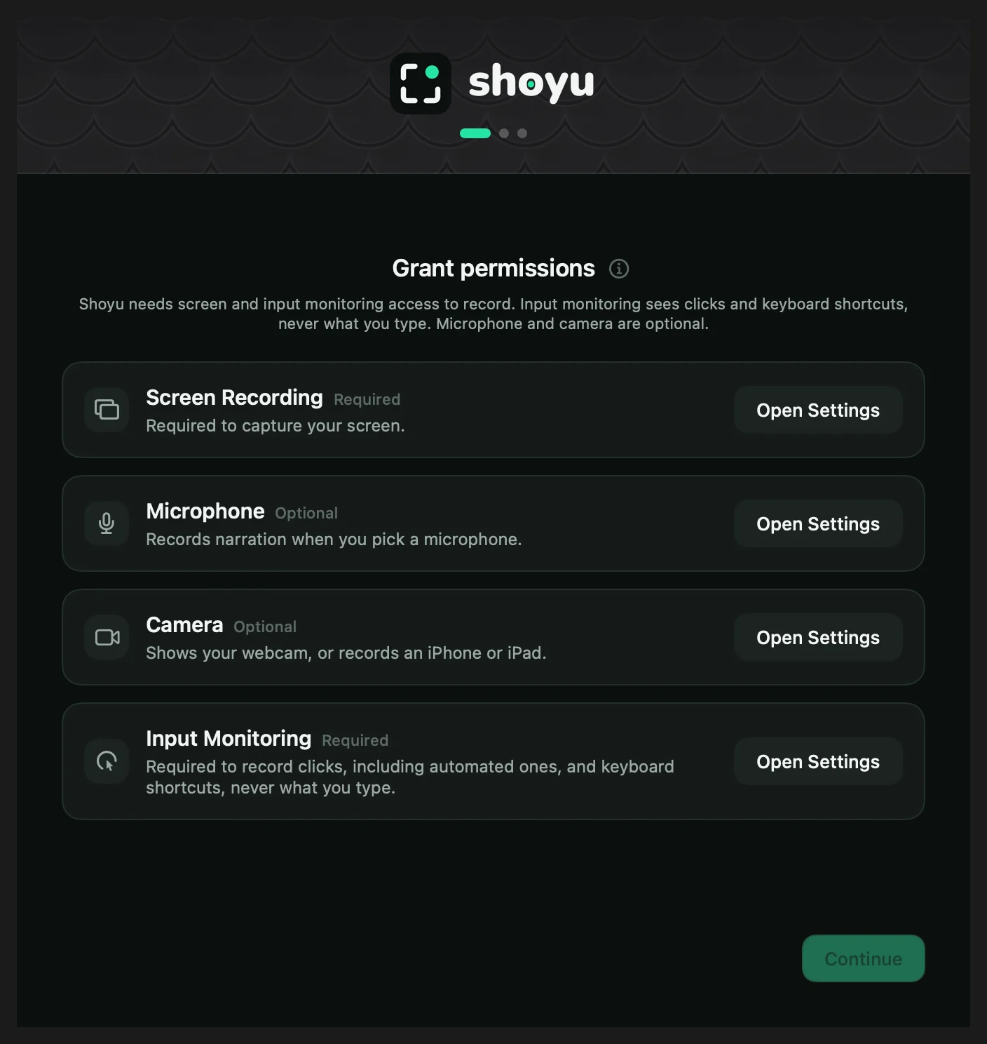 The Grant permissions step, listing Screen Recording, Input Monitoring, Microphone and Camera.