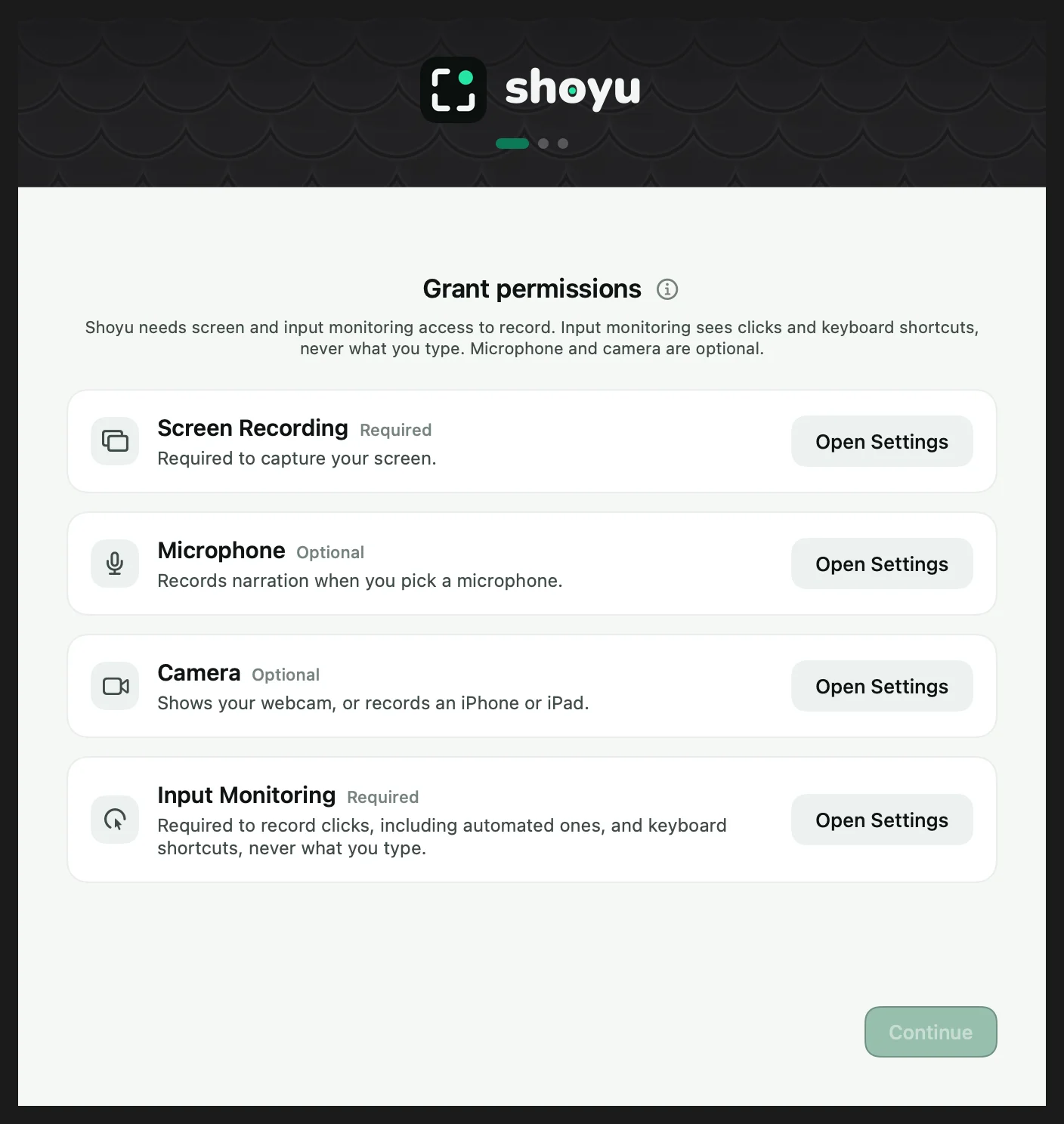 The Grant permissions step, listing Screen Recording, Input Monitoring, Microphone and Camera.