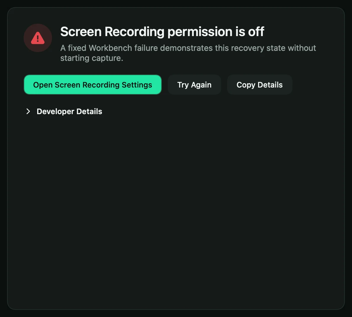 The Recording Issue window explaining that Screen Recording permission is off, with an Open Screen Recording Settings button.