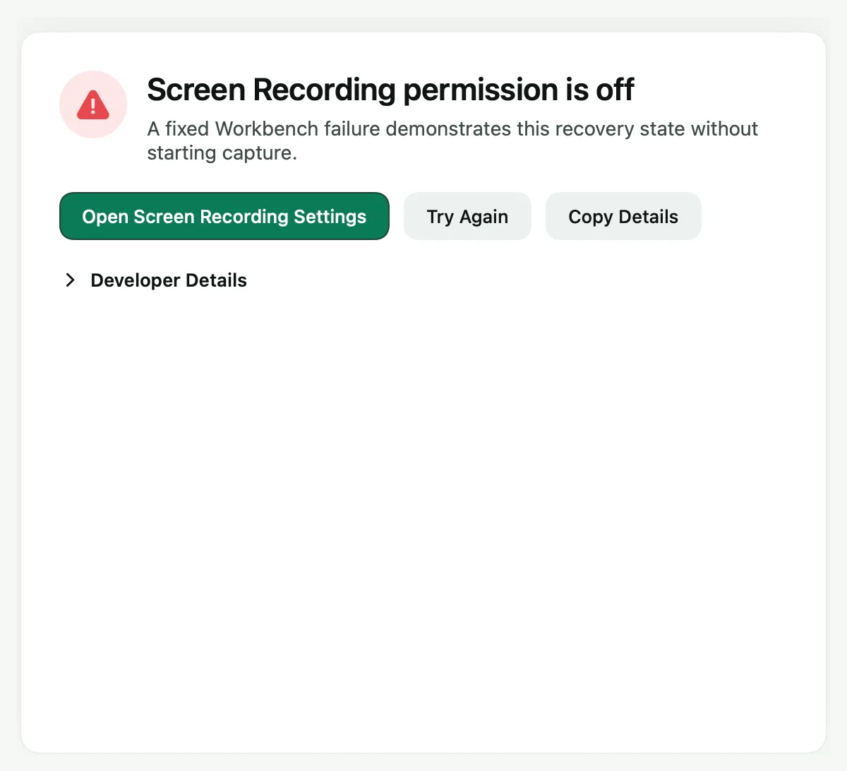 The Recording Issue window explaining that Screen Recording permission is off, with an Open Screen Recording Settings button.