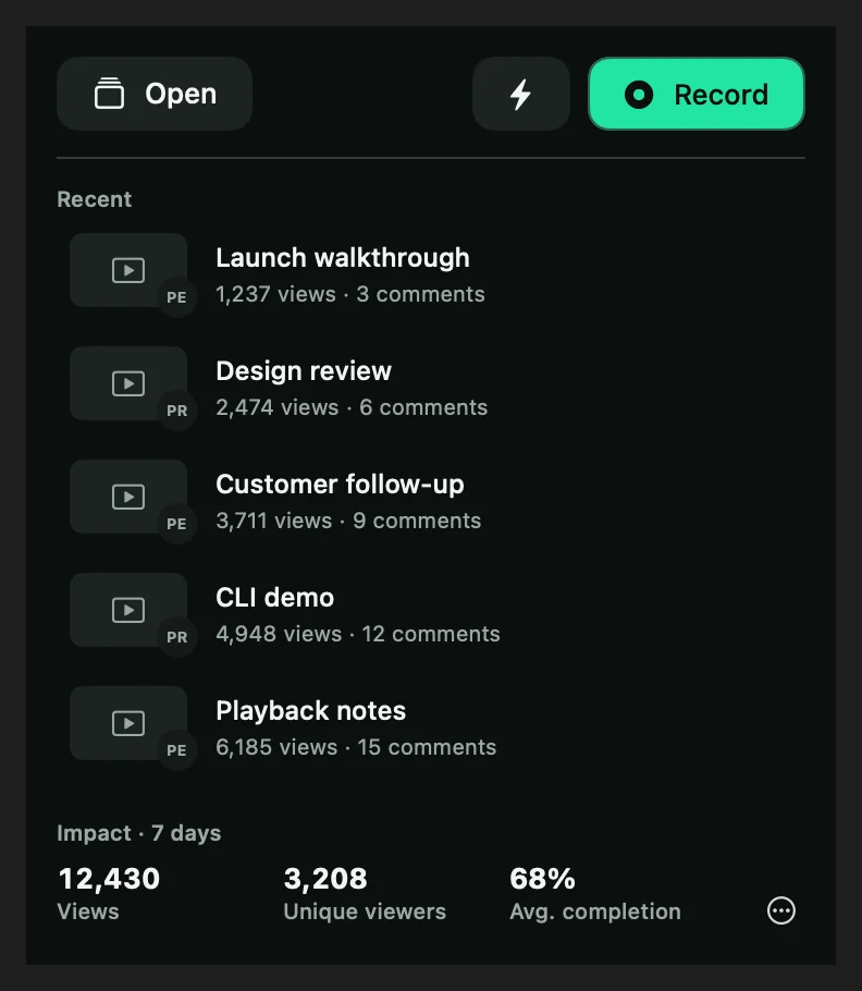 The menu bar Status Panel with Open, Quick Capture and Record, recent recordings and seven-day impact.