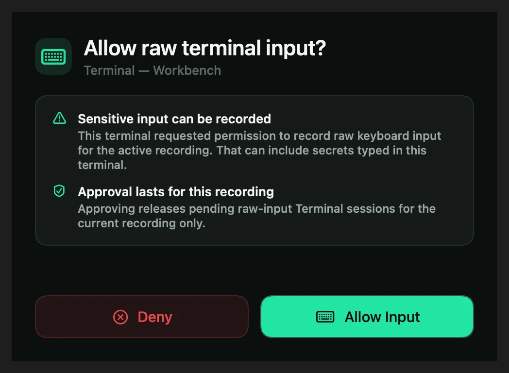 The Allow raw terminal input? panel warning that sensitive input can be recorded.