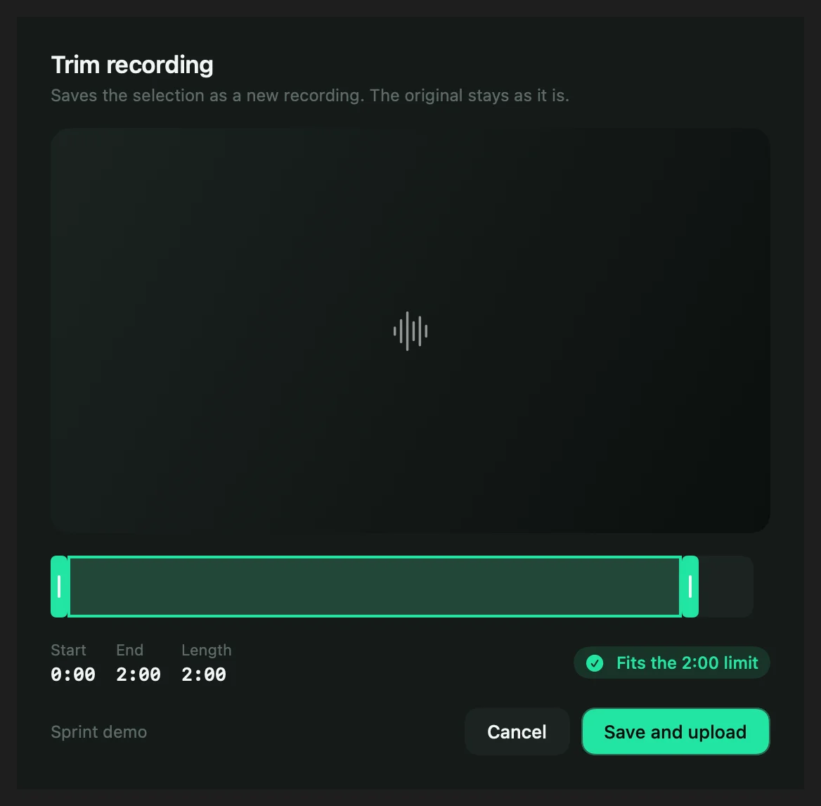 The Trim recording sheet with Start, End and Length, and a Save and upload button.