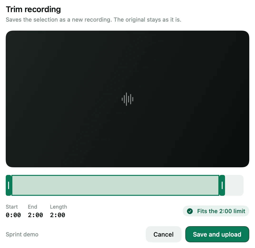 The Trim recording sheet with Start, End and Length, and a Save and upload button.
