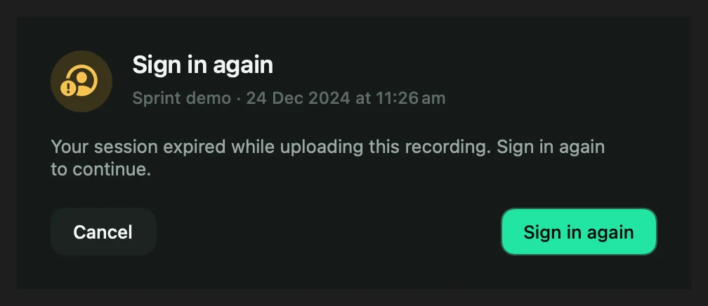 An upload recovery sheet asking you to sign in again so the upload can continue.